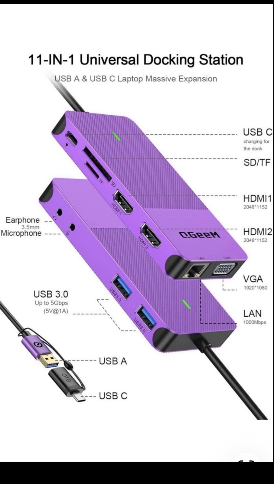 QGeeM 11-in-1 USB-C Docking Station Hub OTG Purple HDMI VGA RJ-45 USB 3.0