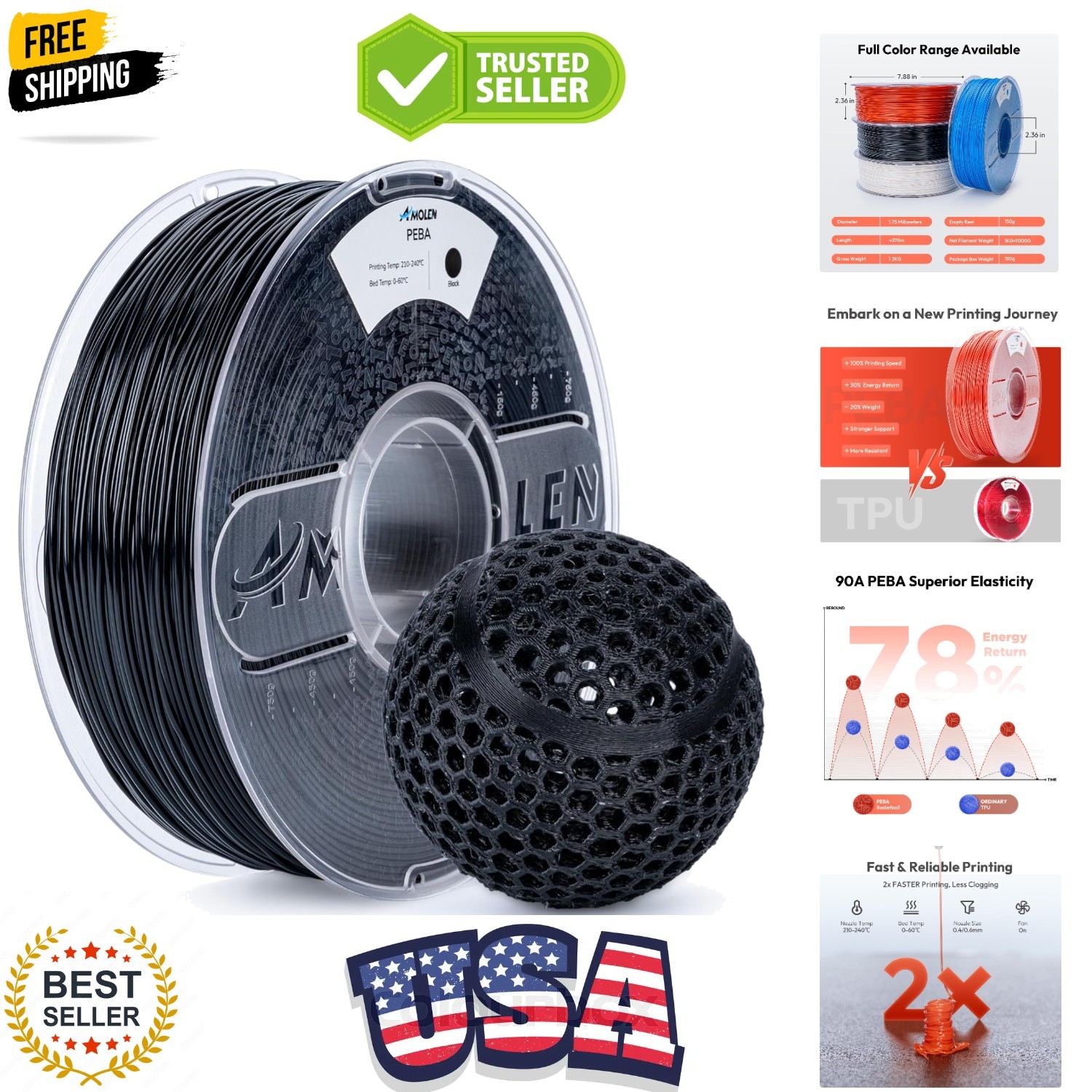 Rebound PEBA 90A Flexible Filament, 1.75mm 3D Printer Filament, 78% Energy Re…