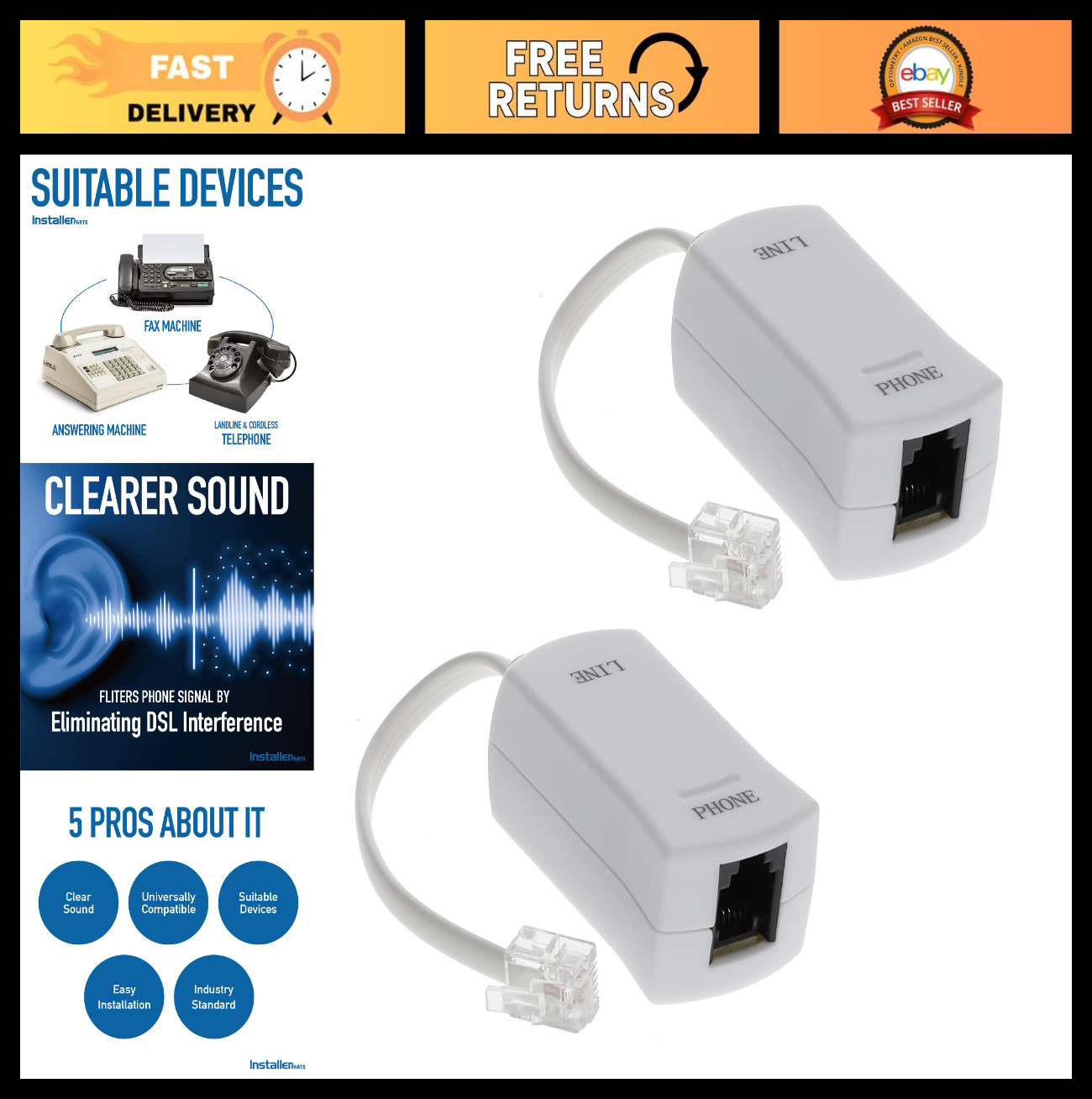 DSL Modem Phone Filter 2 Pack – Eliminate Interference & Static Noise for Landli