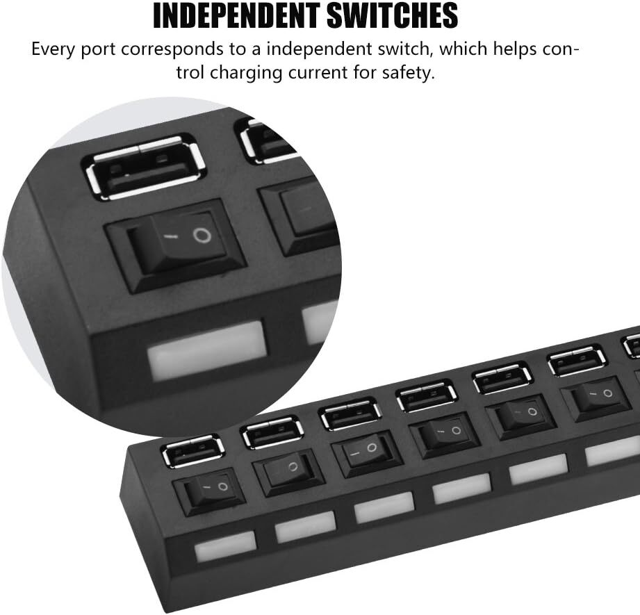 USB Hub 7 Port On/Off Switch High Speed Splitter AC Adapter Cable PC Laptop Lot