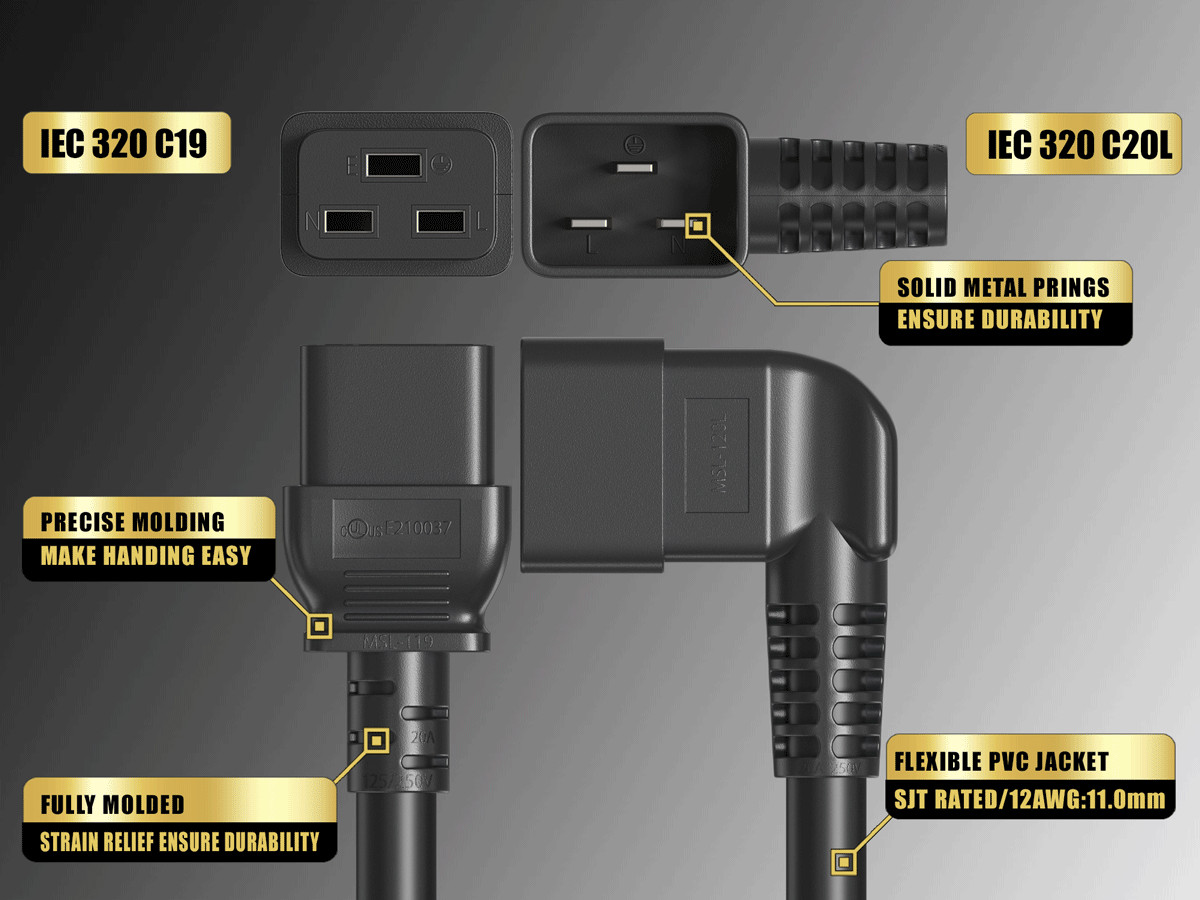 6ft C19 to Left Angle C20 Power Cord 12AWG 20A/250V SJT UL, Black