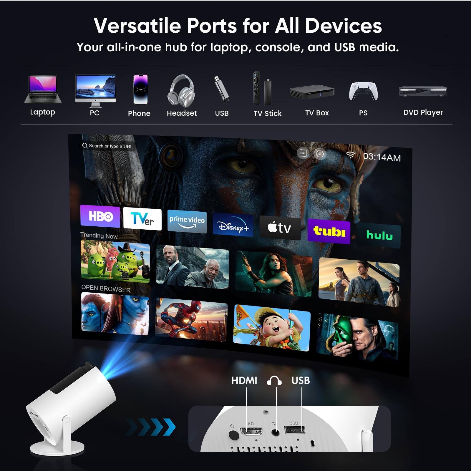[Built-in Apps] Mini Projector with WiFi and Bluetooth, Portable, White