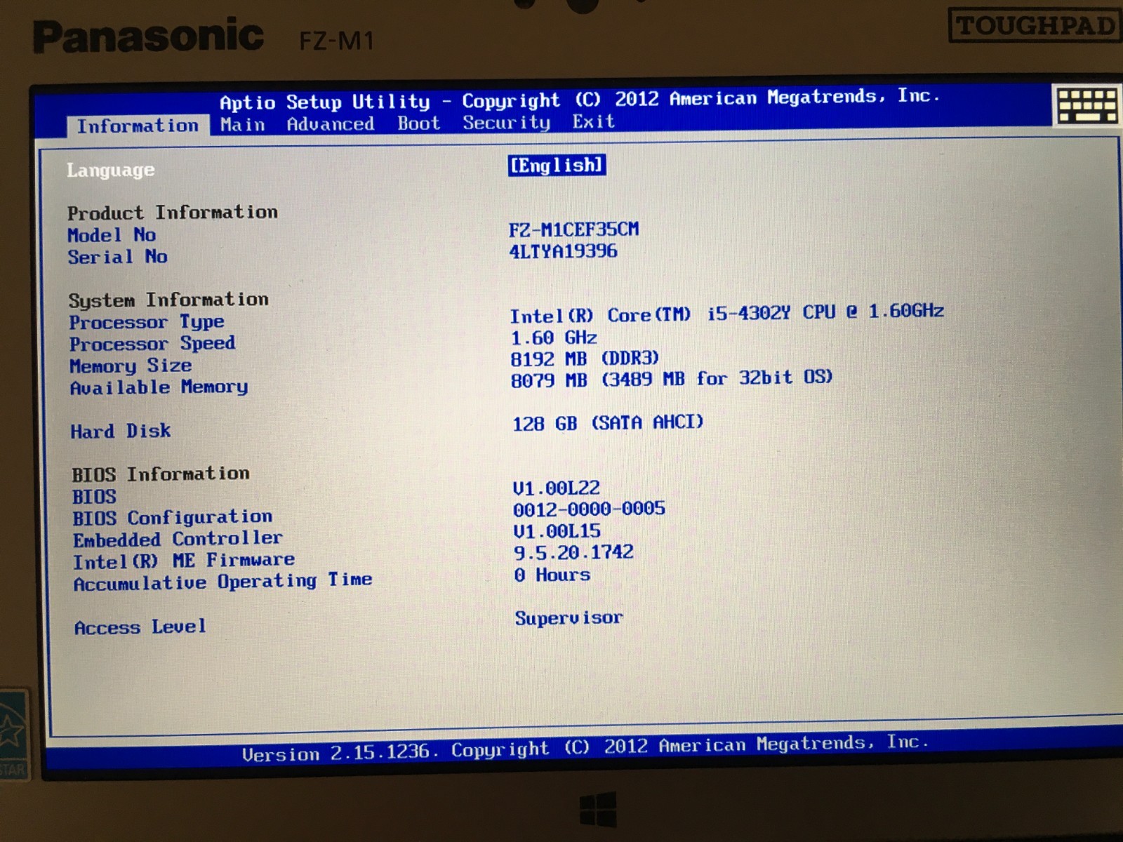 0 Hours Panasonic TOUGHPAD FZ-M1 7″ Core i5-4302Y 1.60GHz 128GB 8GB RAM Win10