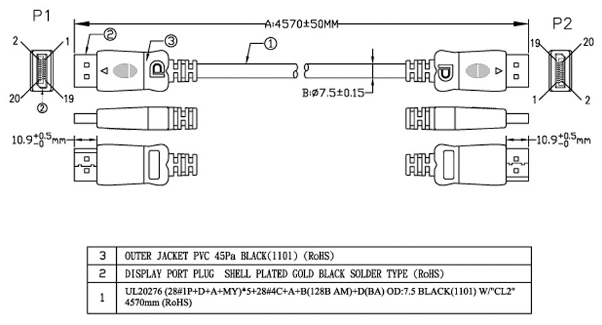 DisplayPort Male to Male Cable 3ft, 6ft, 10ft or 15ft 4K @ 60Hz