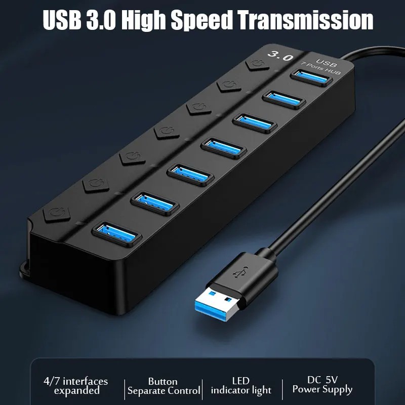 7 Port USB 3.0 Hub On/Off Switch High Speed Splitter Charge PC Laptop Desktop