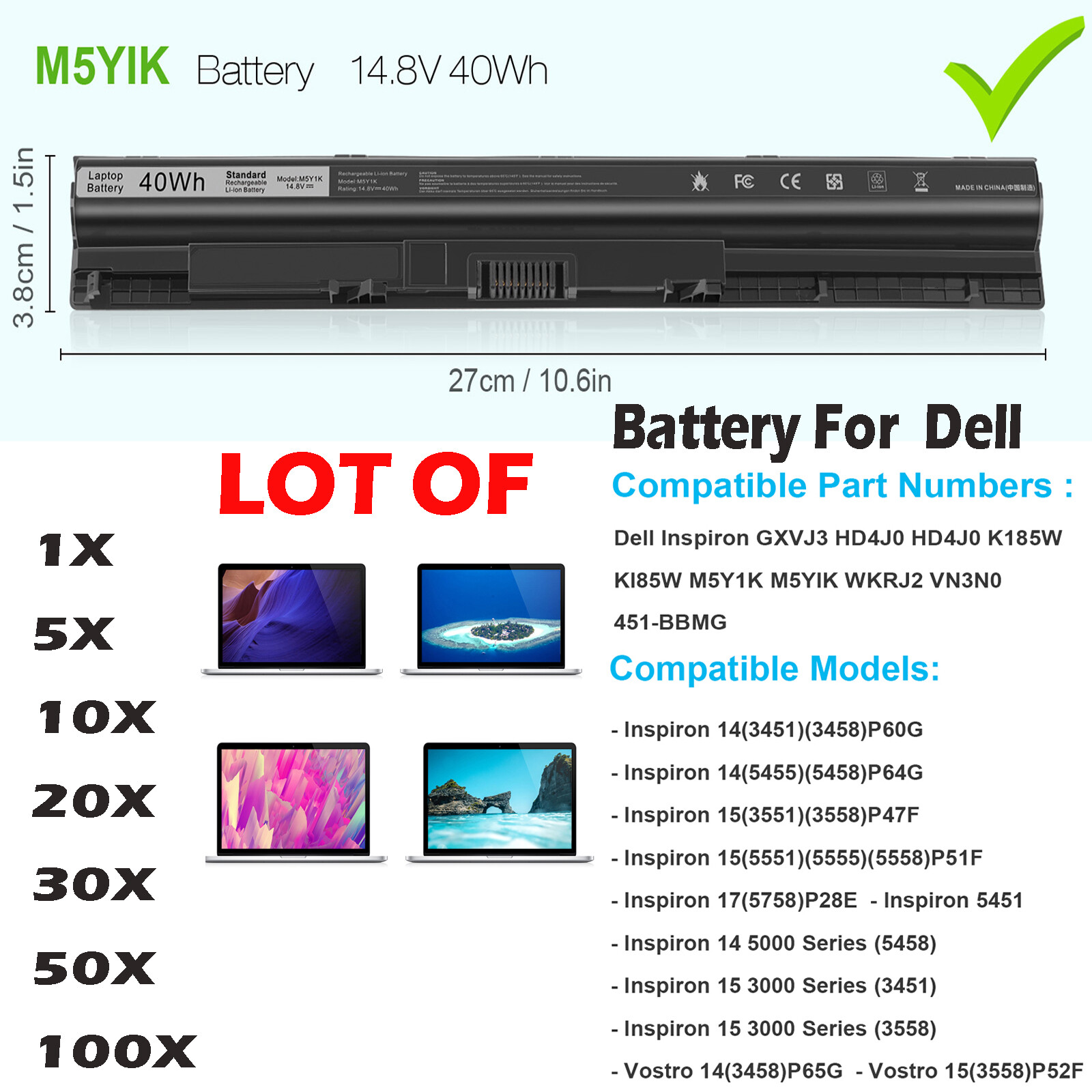 🧡LOT 1-100x M5Y1K K185W Battery For Dell Inspiron 3451 3458 5455 5551 5555 5558