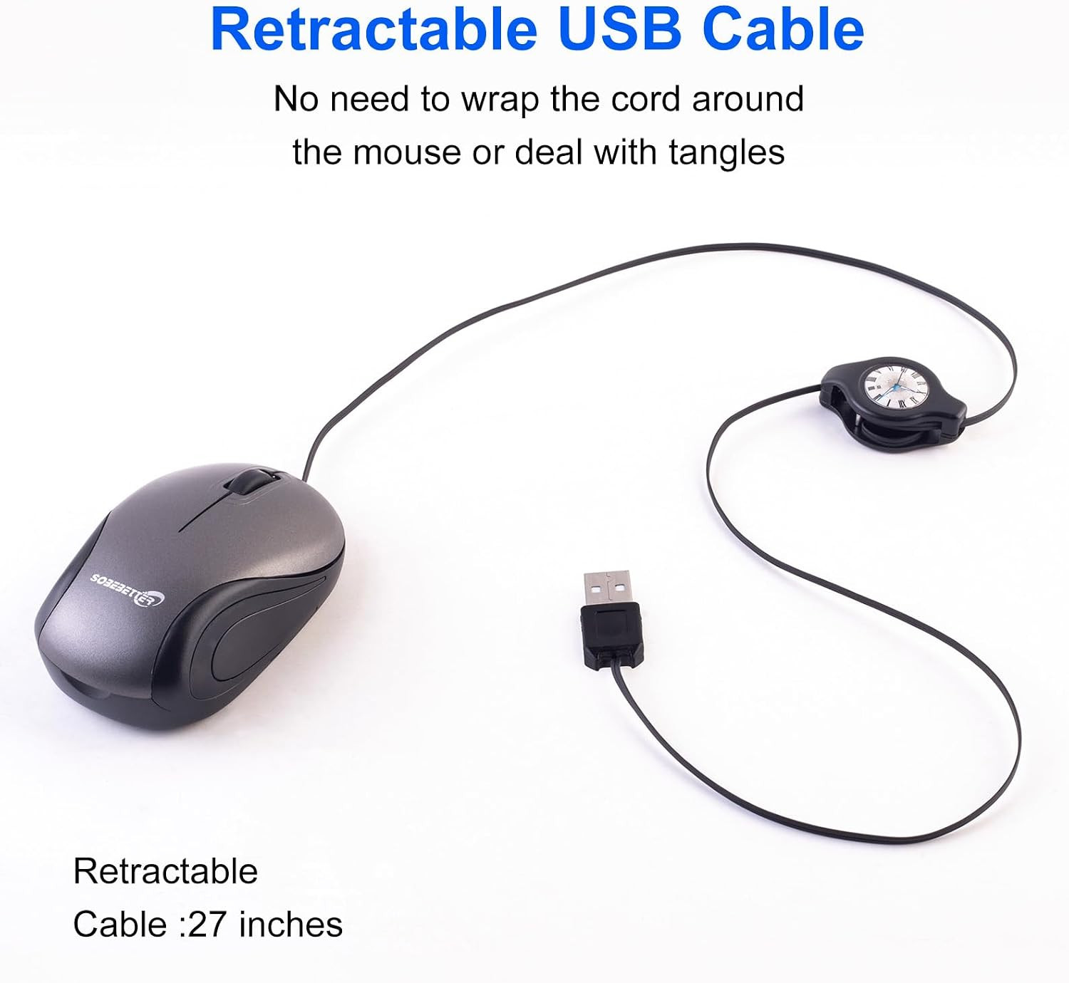 USB Wired Mini Mouse,Small Travel Mice Corded with Retractable Cable-Gray