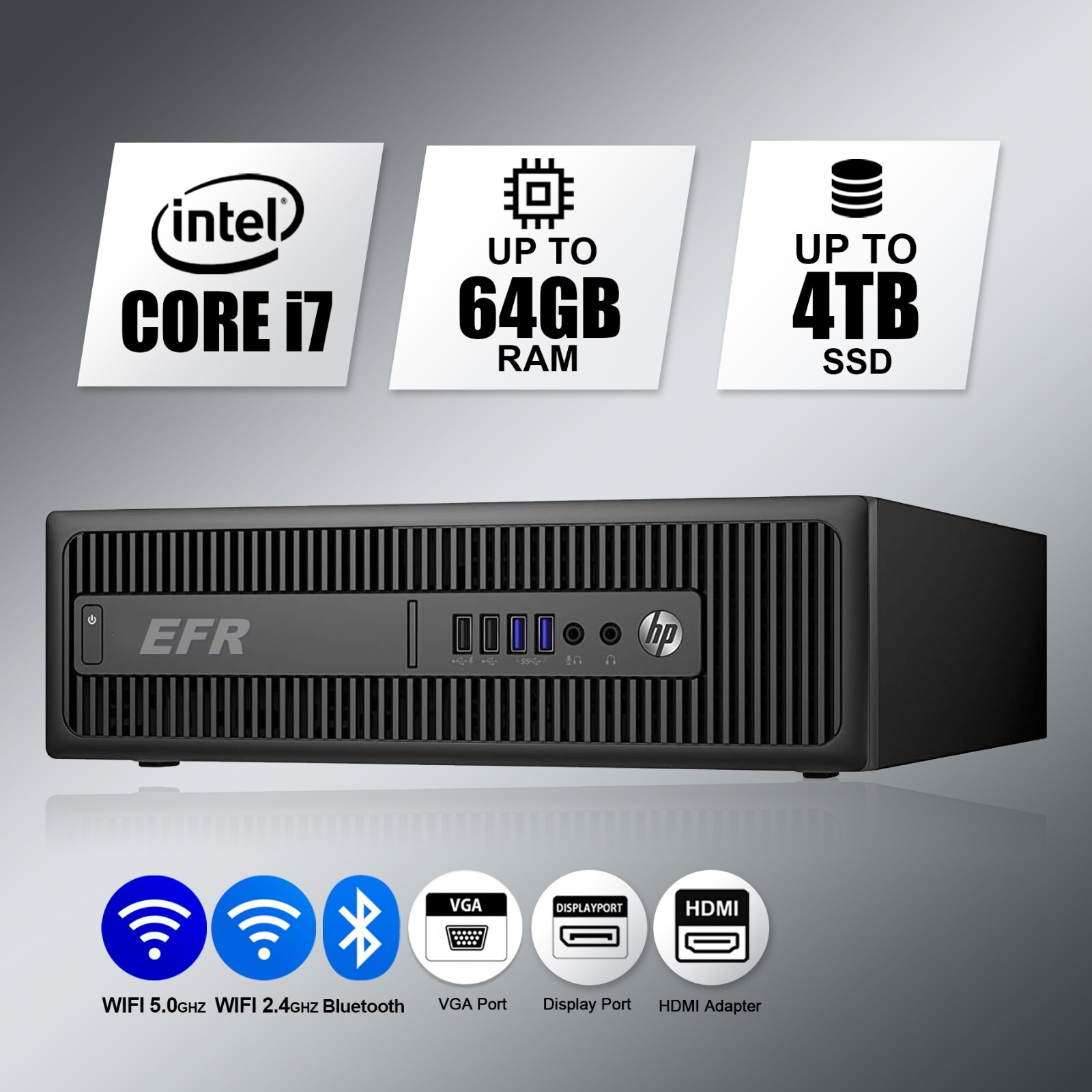 HP Desktop Computer PC i7, up to 64GB RAM, 4TB SSD, Windows 11/10, WiFi