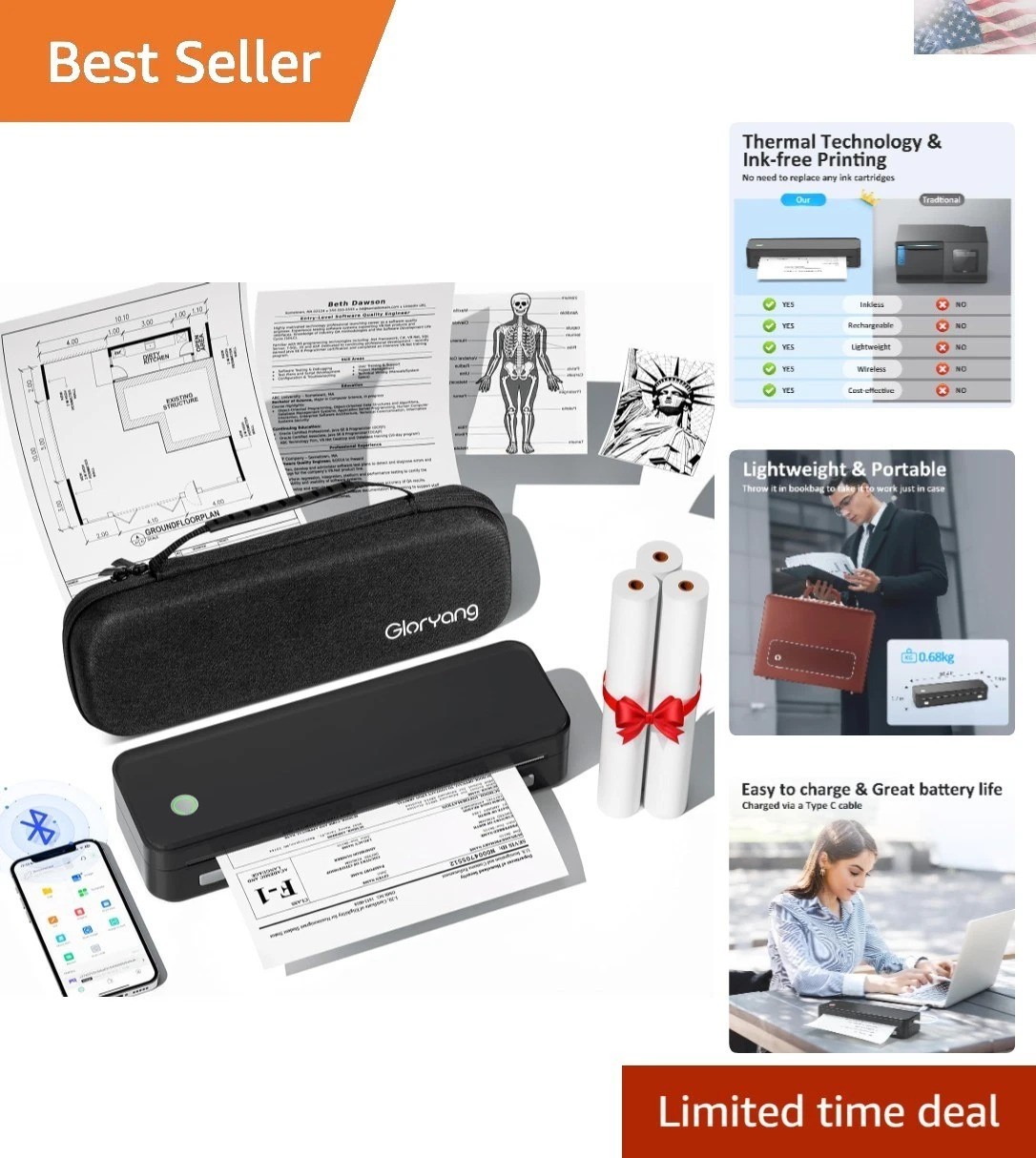 Inkless Portable Printer for Travel, Wireless Thermal Printer Supports 8.5 x …