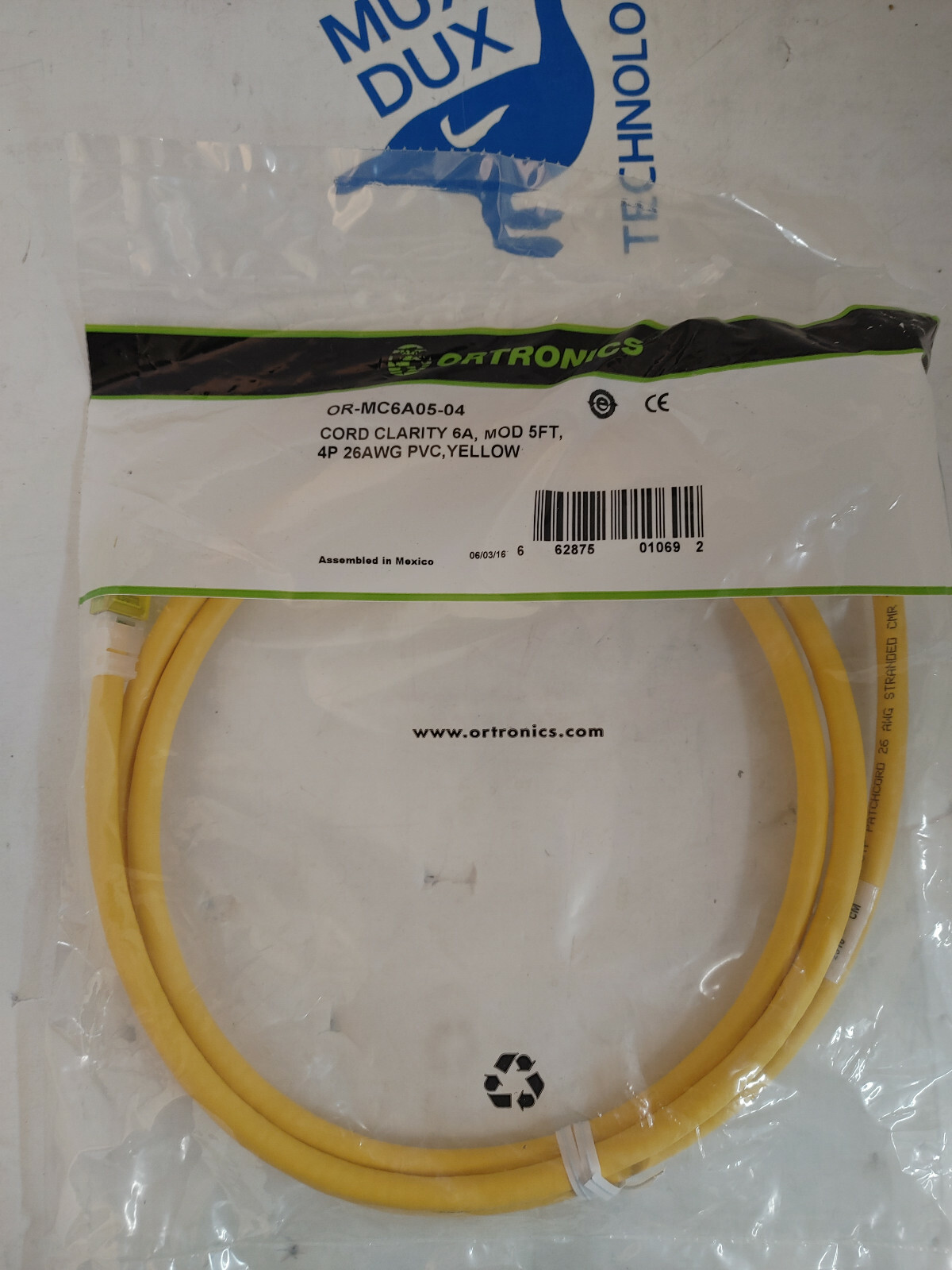 Lot of (2) Ortronics OR-MC6A05-04 CAT6a Cables, MOD 5′,4P 26 AWG PVC, YELLOW NEW
