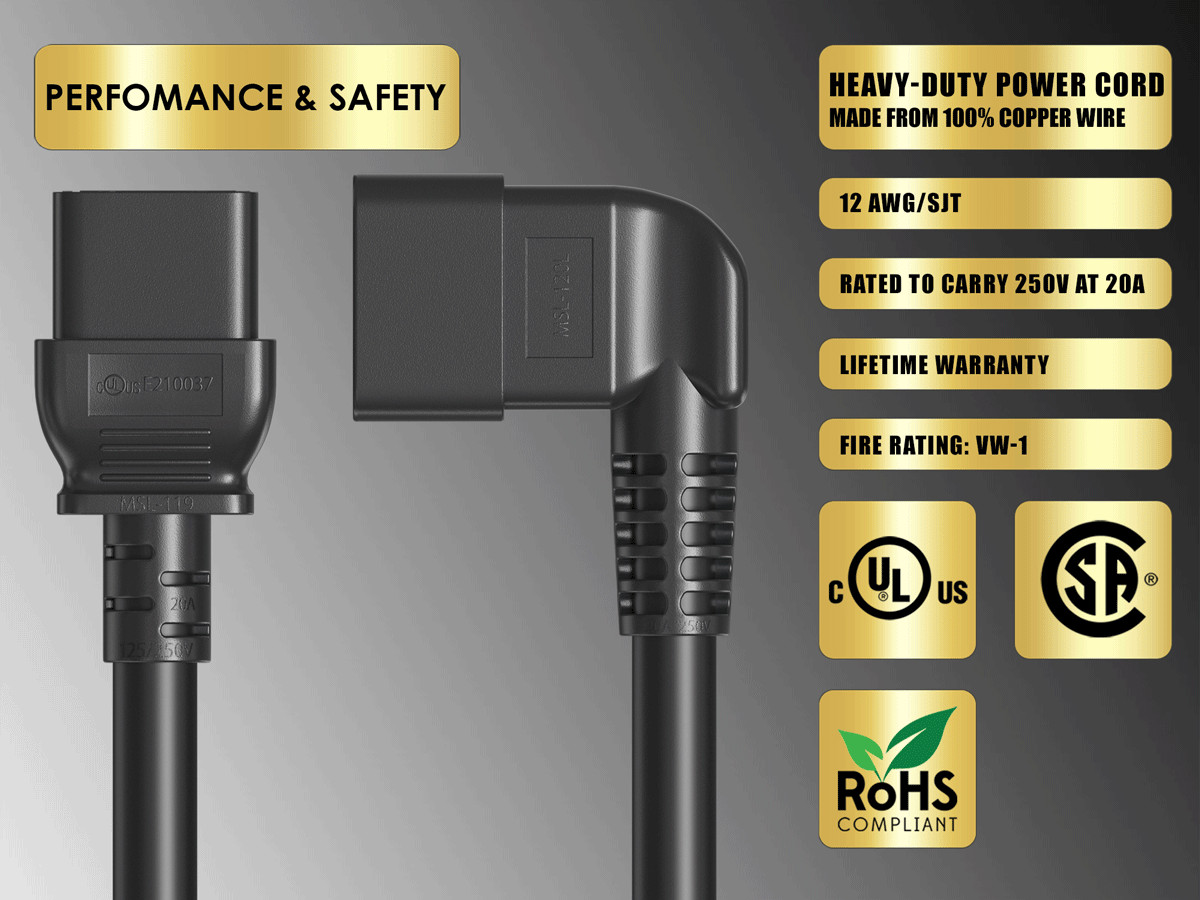 6ft C19 to Left Angle C20 Power Cord 12AWG 20A/250V SJT UL, Black