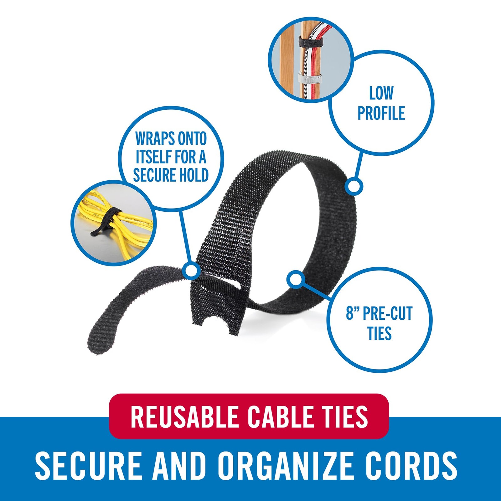 VELCRO Brand ONE-WRAP Cable Ties, 100Pk, 8 x 1/2″ Black 8In x 1/2In,
