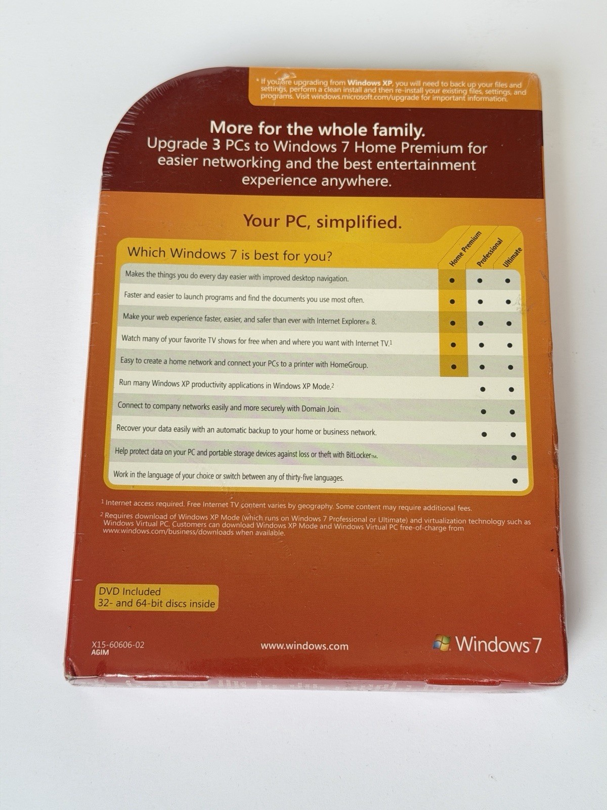 Microsoft Windows 7 Home Premium Upgrade Vista Family Pack 3 PCs NIB 32 64 bit