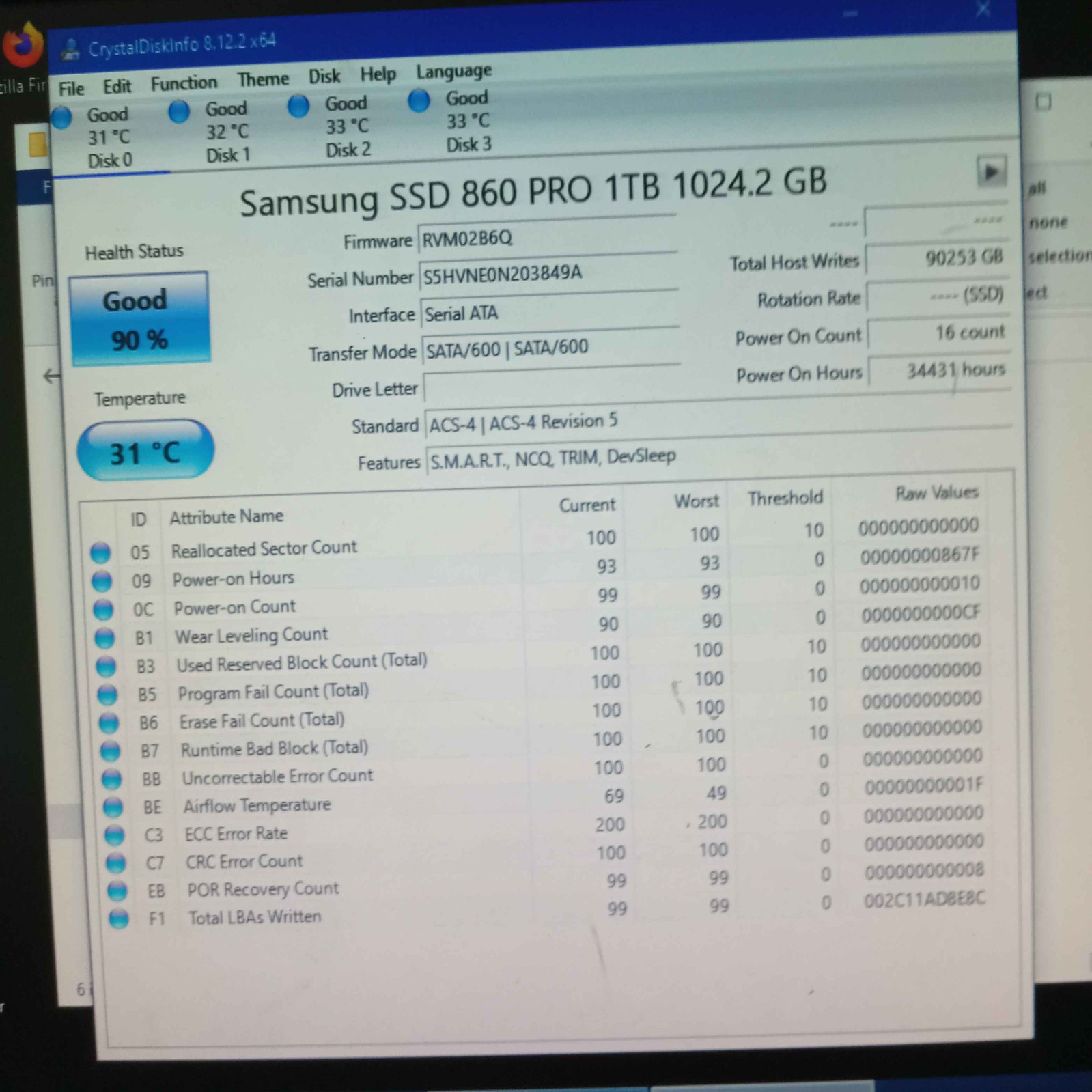 Samsung 860 Pro 1TB SATA III SSD Solid State Drive MZ-76P1T0 90% Health ^