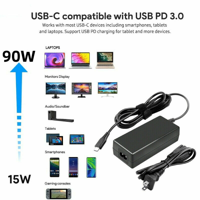PD 45W/65W/90W Universal USB-C Type-C Adapter Laptop Charger Power Supply Cord