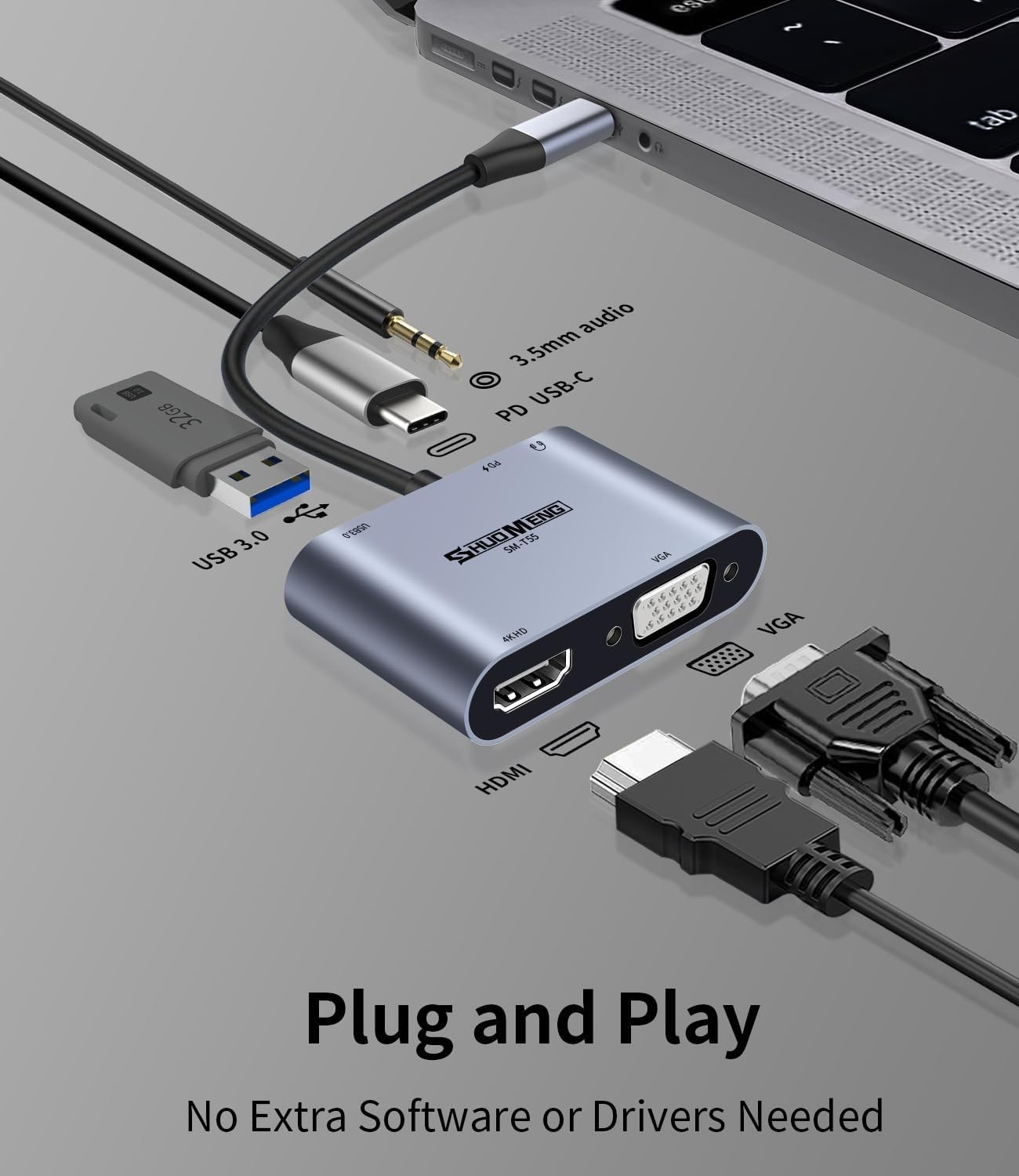 Compact 5-in-1 USB C Adapter with 4K HDMI, VGA, and Audio Input – Plug & Play