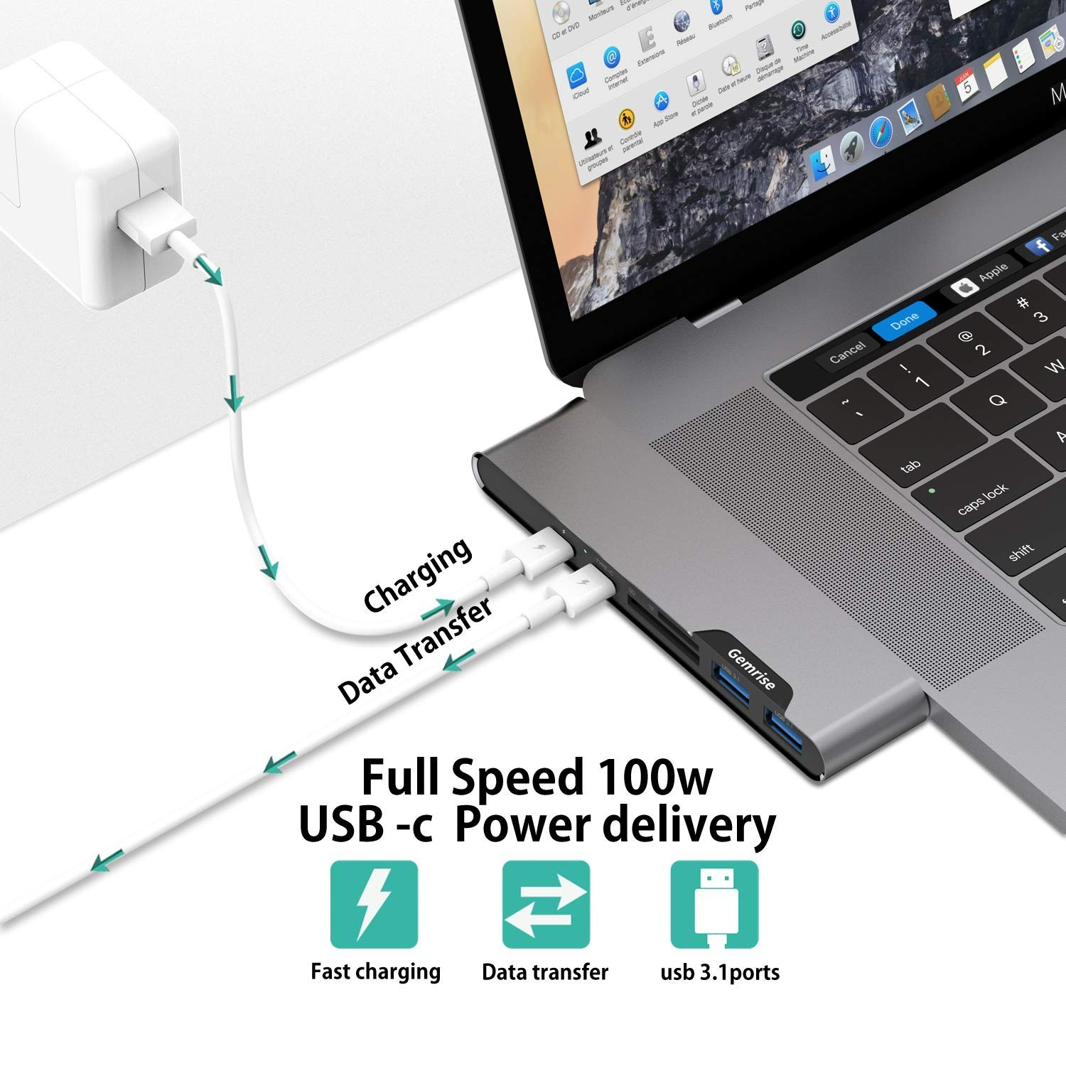 Gemrise USB-C Hub for Macbook, 7In-2 Adapter Compatible with Thunderbolt 3 USB-C