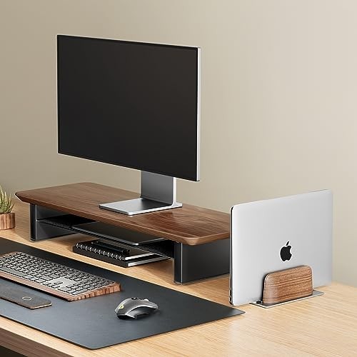 Vertical Laptop Stand Adjustable Width 0.79 to 1.42 Inch Walnut Wood Aluminum