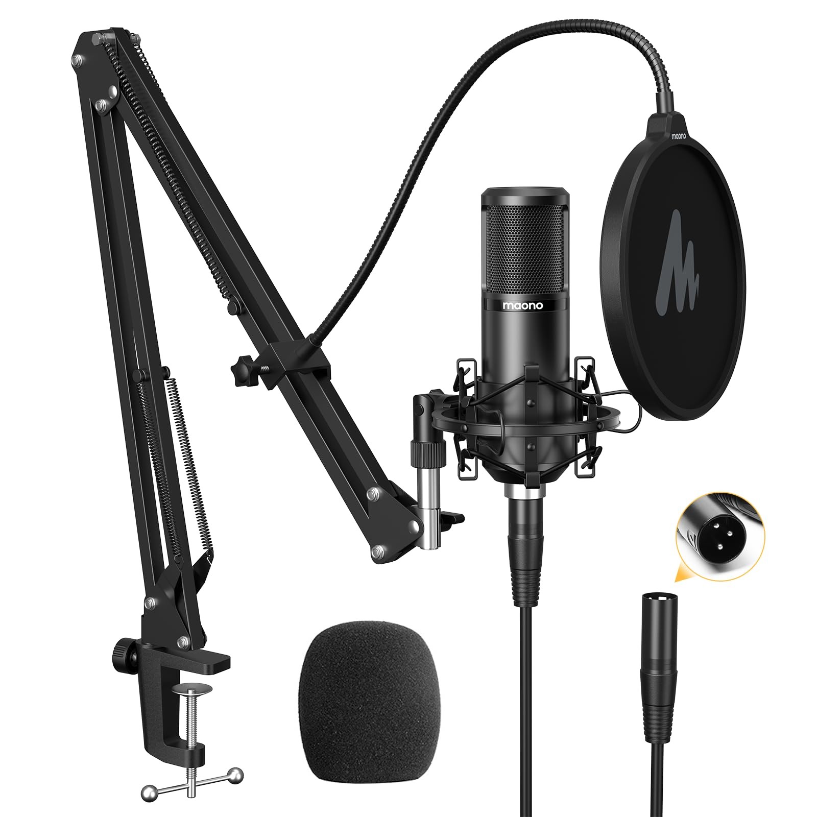 MAONO PM320S Condenser PC Microphone with XLR Cable, Boom Arm, Pop Black