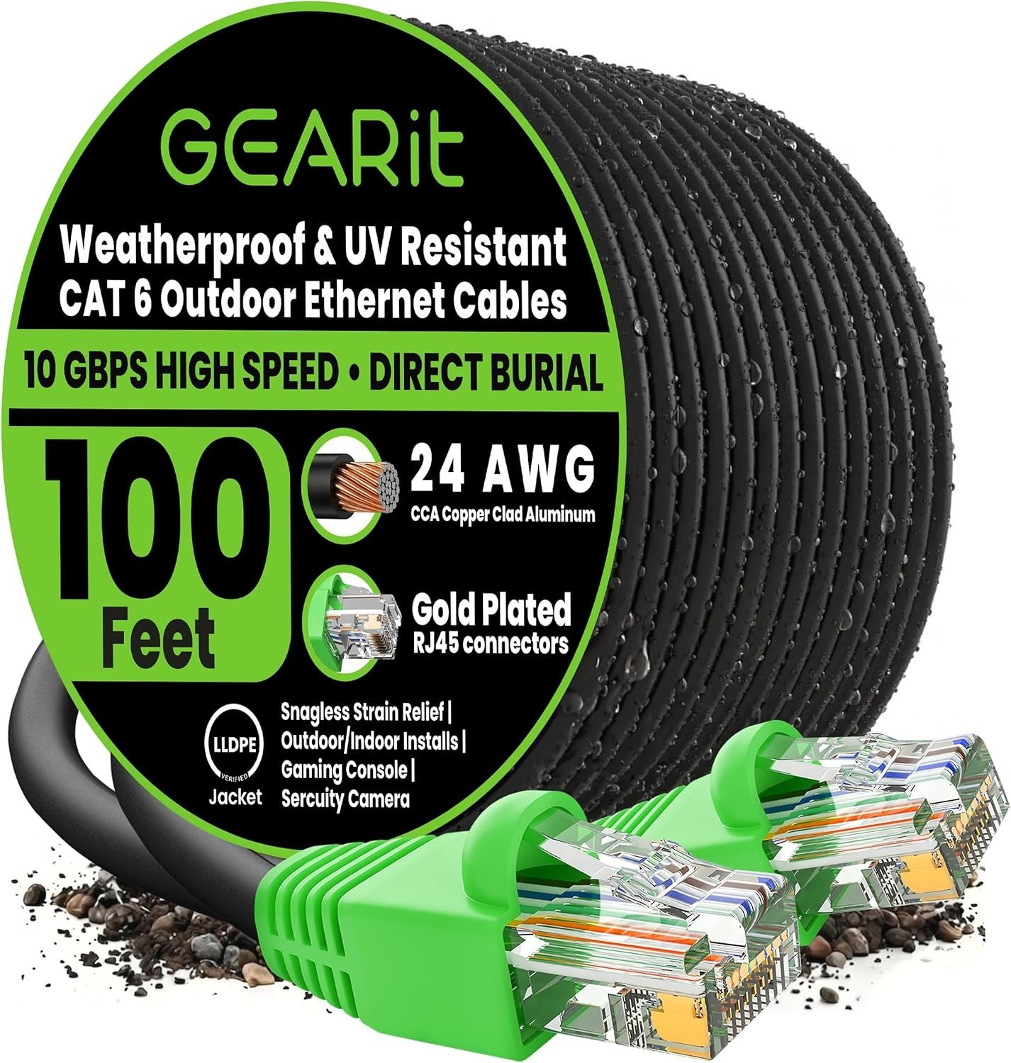 24AWG 100ft Cat 6 Ethernet Cable – Waterproof Direct Burial, Up to 10Gbps/550MHz