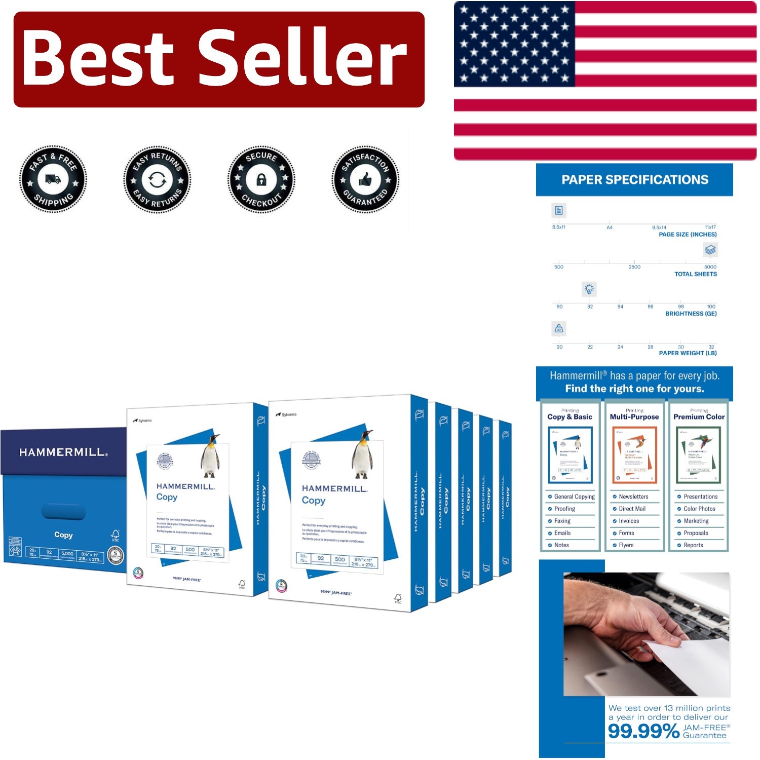 20 lb Copy Paper, 8.5×11 – 10 Reams, 5000 Sheets – 92 Bright, JAM-FREE Quality