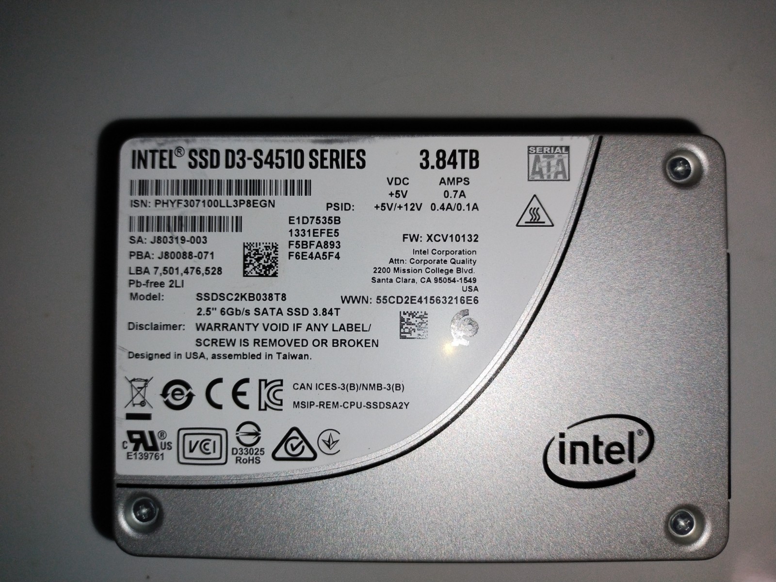 Intel D3-S4510 3.84TB 2.5″ SATA SSD Tested SSDSC2KB038T8 13k-25k hours…