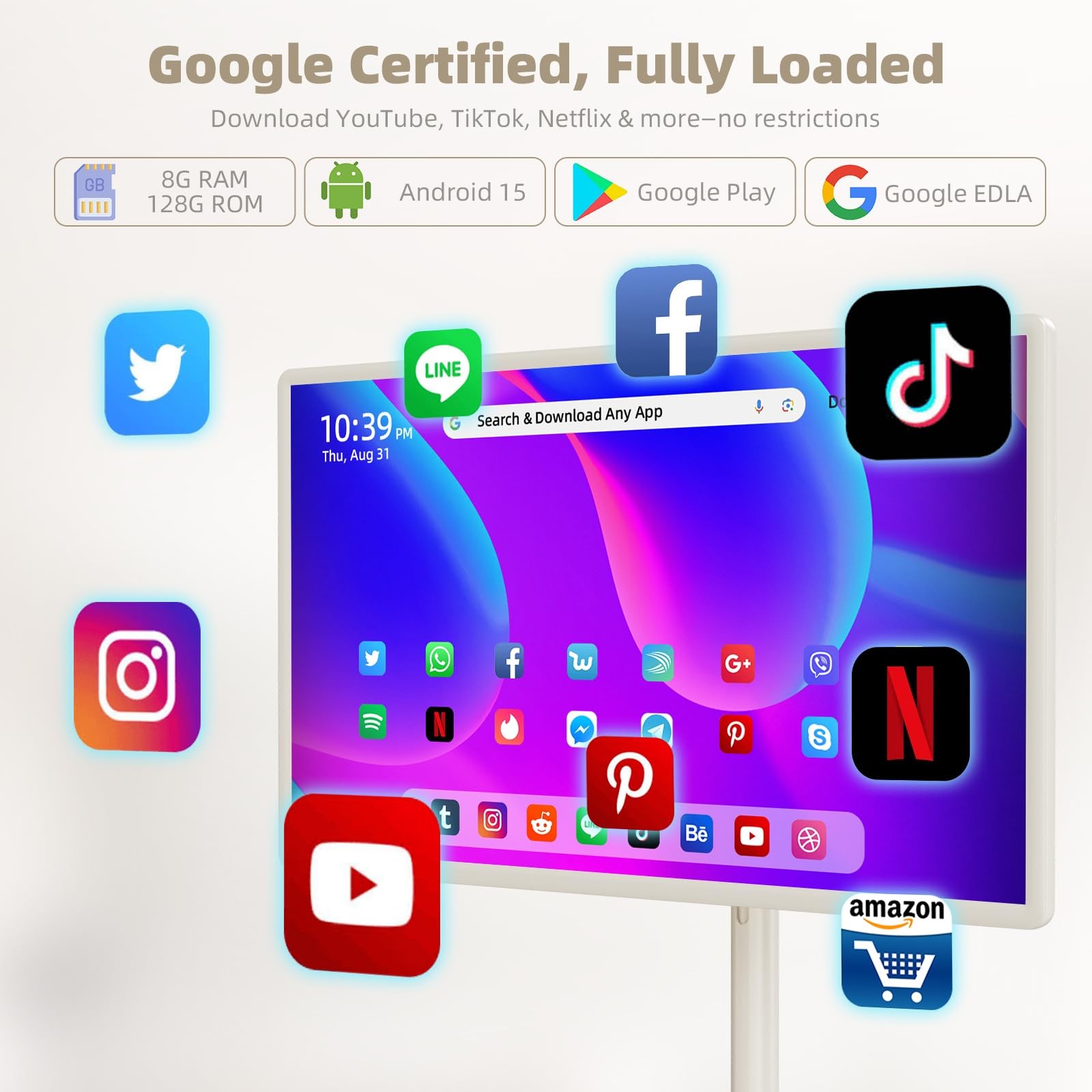 Portable Smart TV, 32″ Touch Screen Monitor on Wheels, 38400mAh Battery, Android