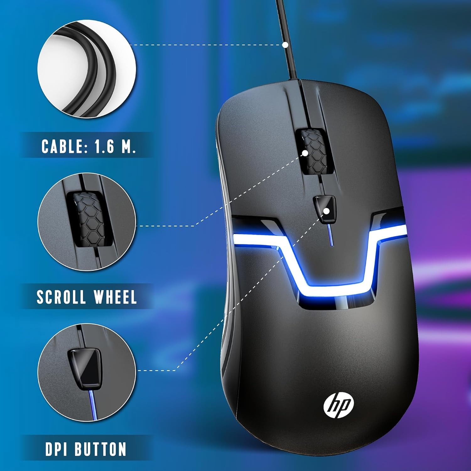 HP Wired RGB LED Gaming Mouse USB Optical 1600 DPI 3 Buttons PC LAPTOP BLACK
