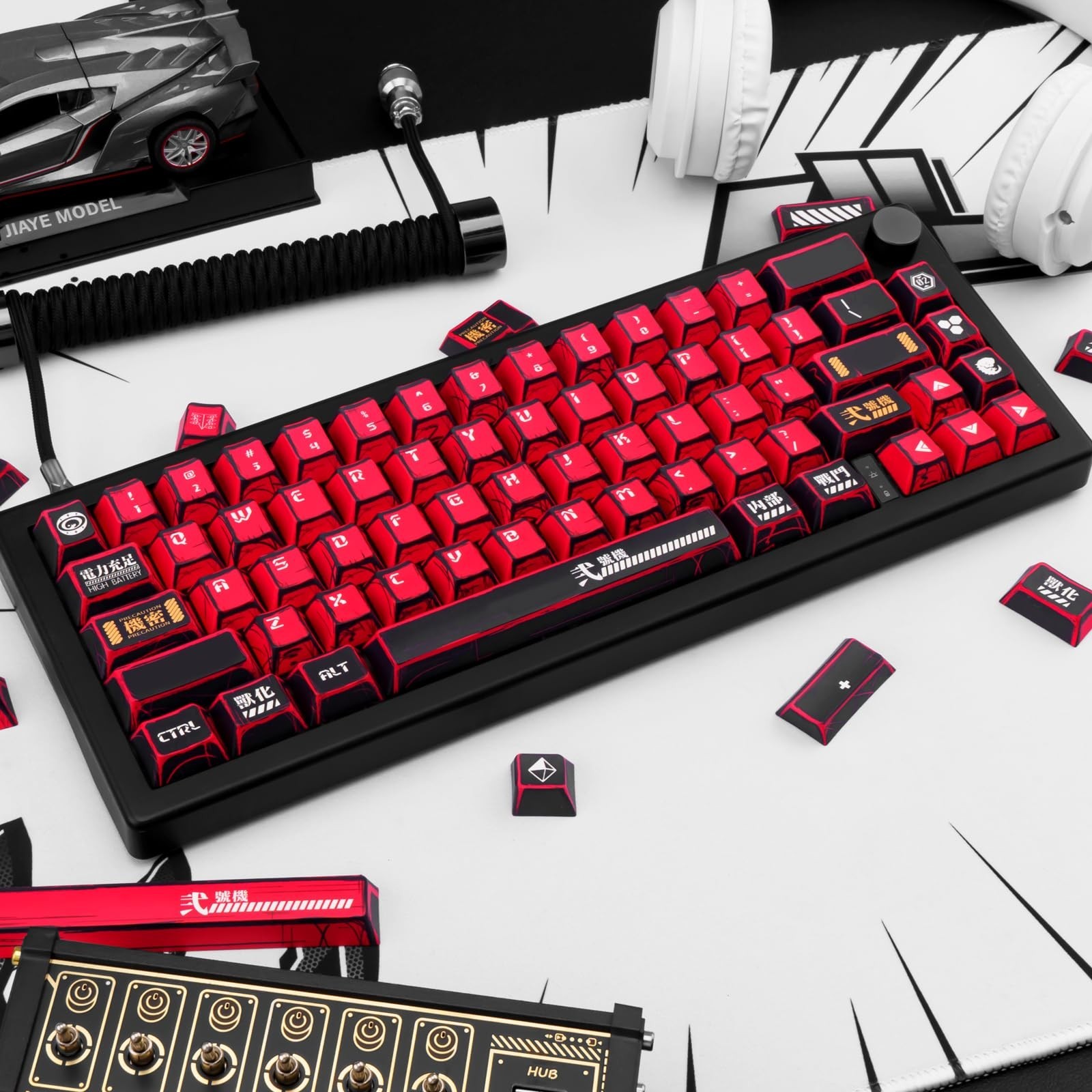Red and Black PBT Keycaps Set 135 Keys Cherry Profile Manga Japanese Style Ke…