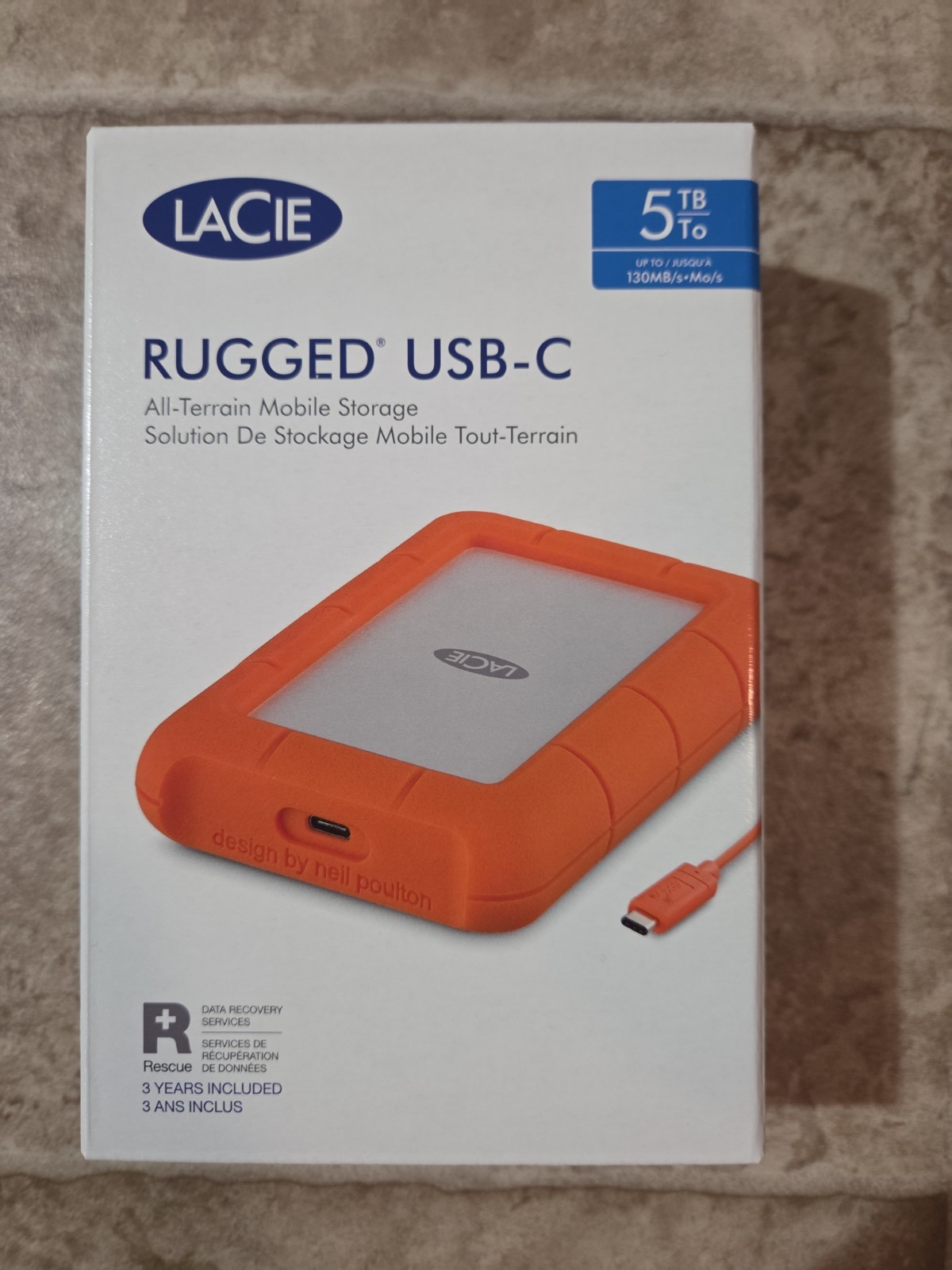 New LaCie Rugged 5TB External Hard Drive USB-C USB 3.0 Portable Orange