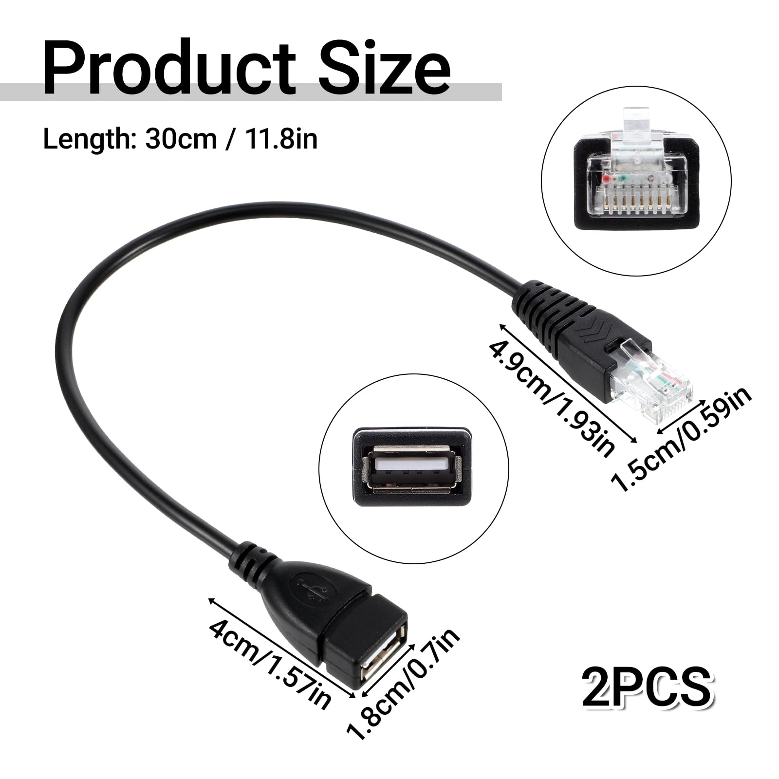 2 PCS 11.81 Inch USB 2.0 to RJ45 Ethernet Adapter 8P4C Male Conversion