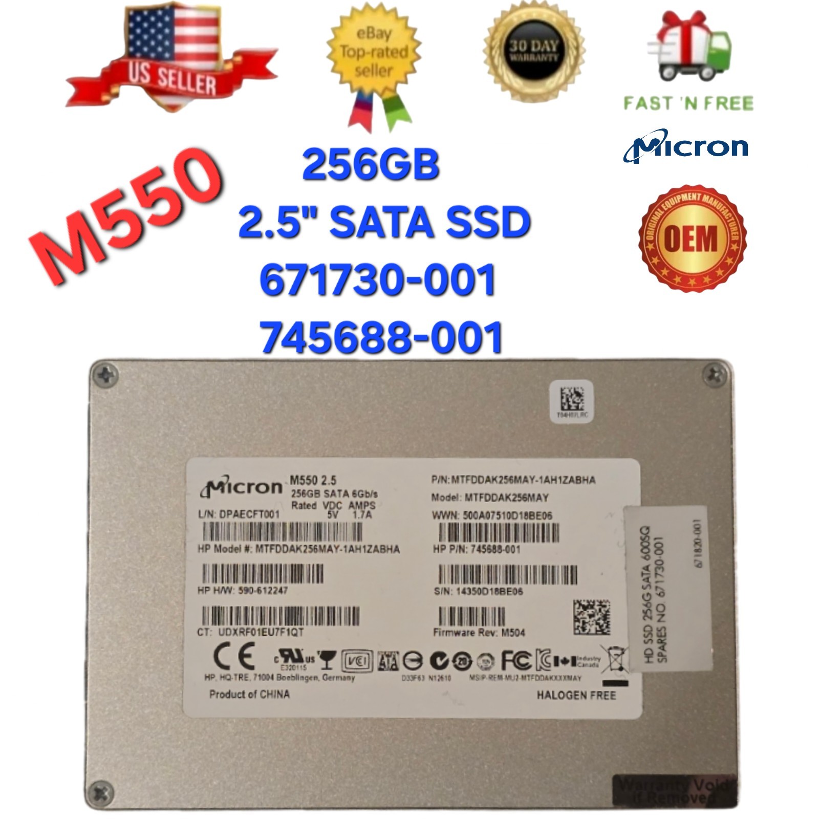 Micron M550 256GB 2.5″ SATA 6Gb/s SSD – HP Spare 671730-001 / 745688-001