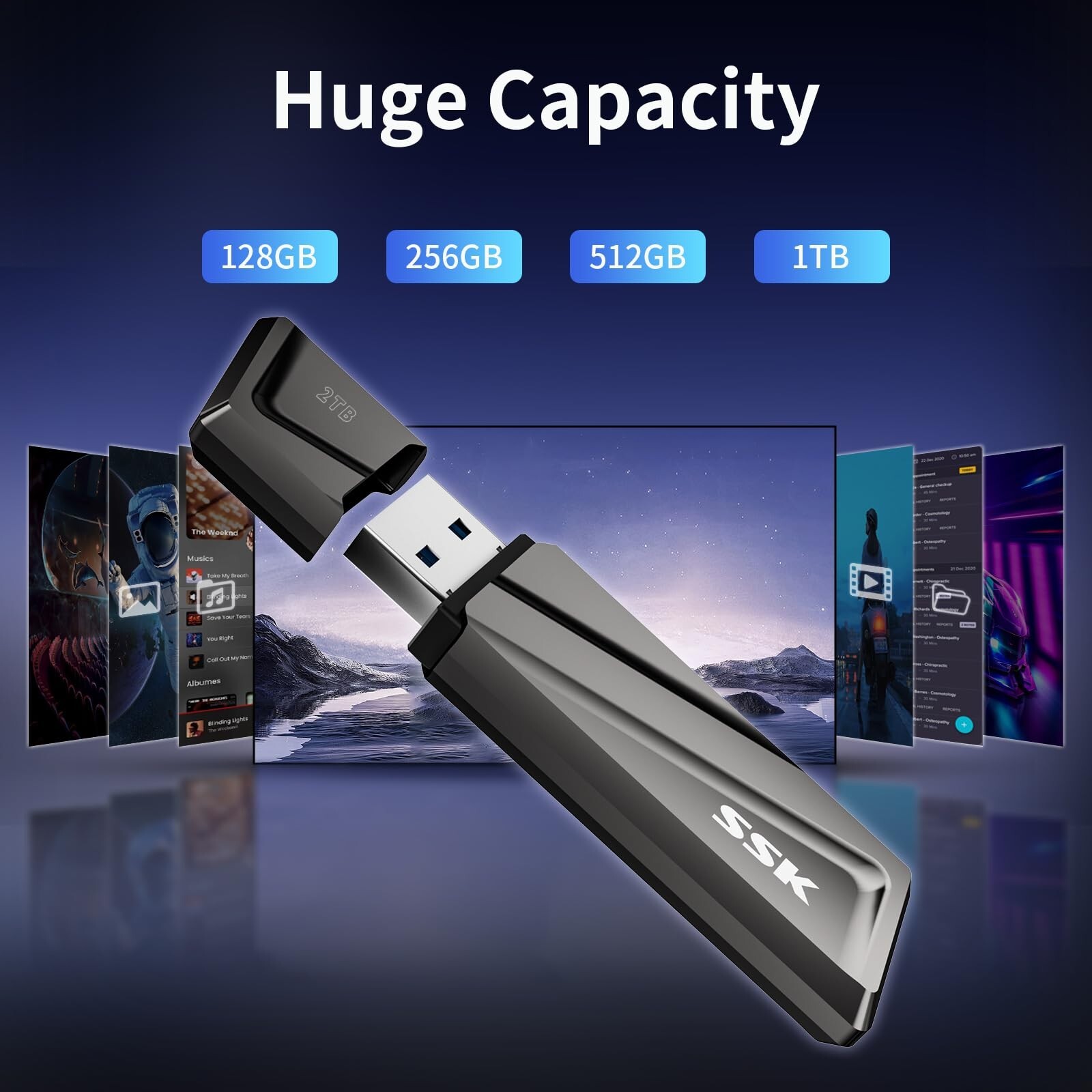 SSK SSD USB Flash Drive USB 3.2 550MB/s + USB C Adapte For Laptop, Smartphone
