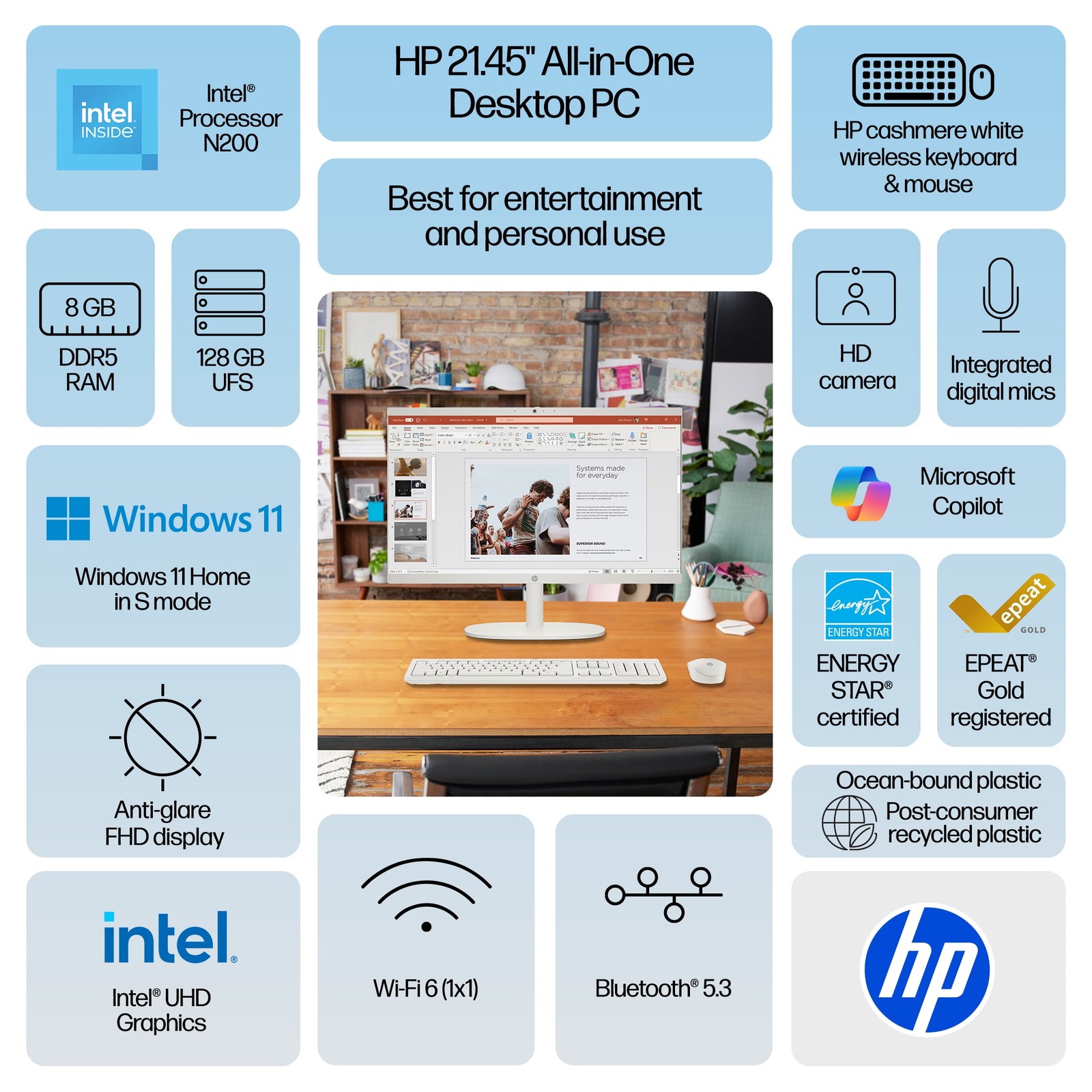 HP 22-dg0023w All-in-One 21.45″ FHD N200 1GHz Intel UHD Graphics 8GB RAM 128GB