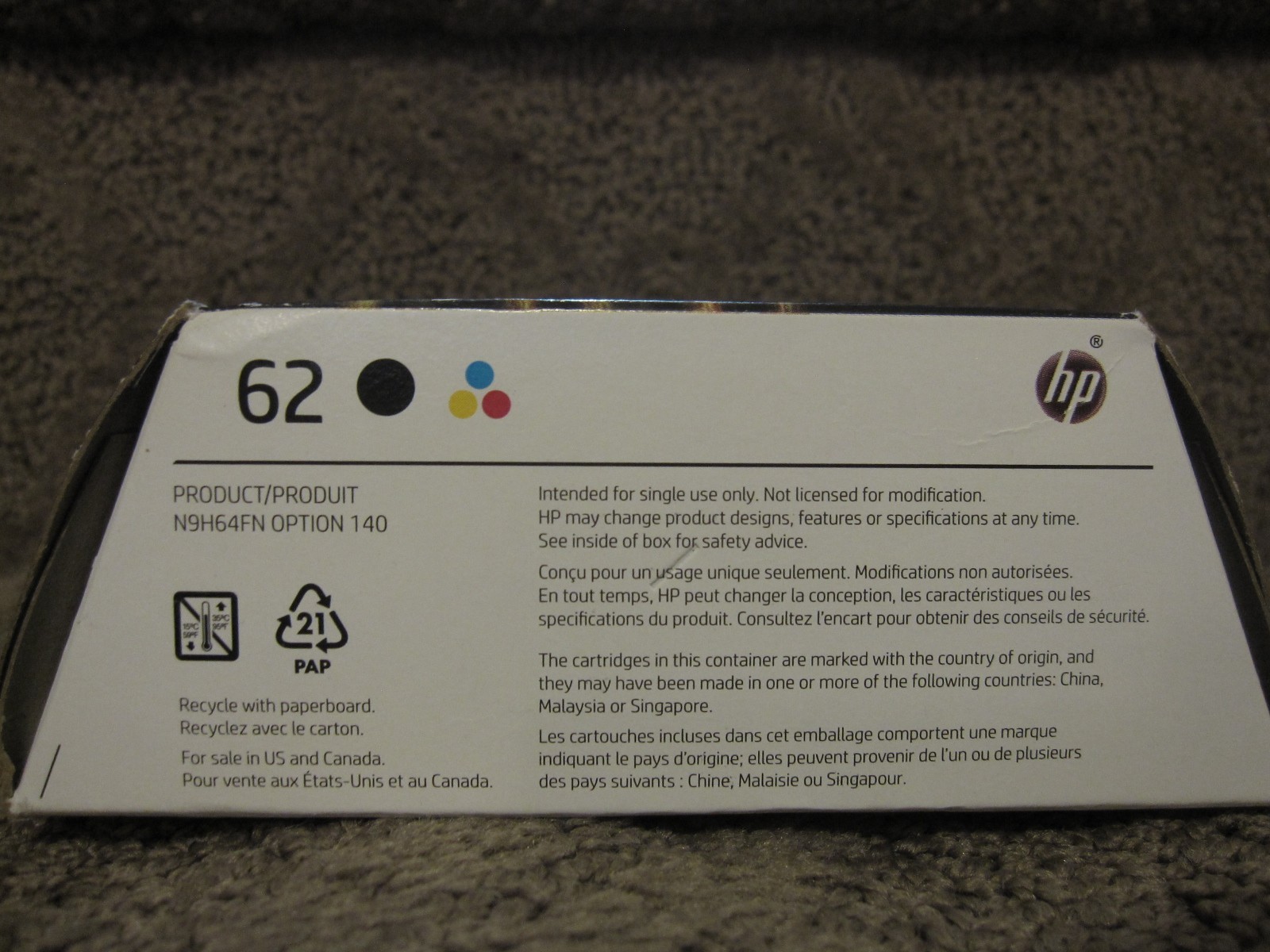 HP N9H64FN Black & Tri Color Ink Cartridge Genuine OEM NEW # 62 APR/2027