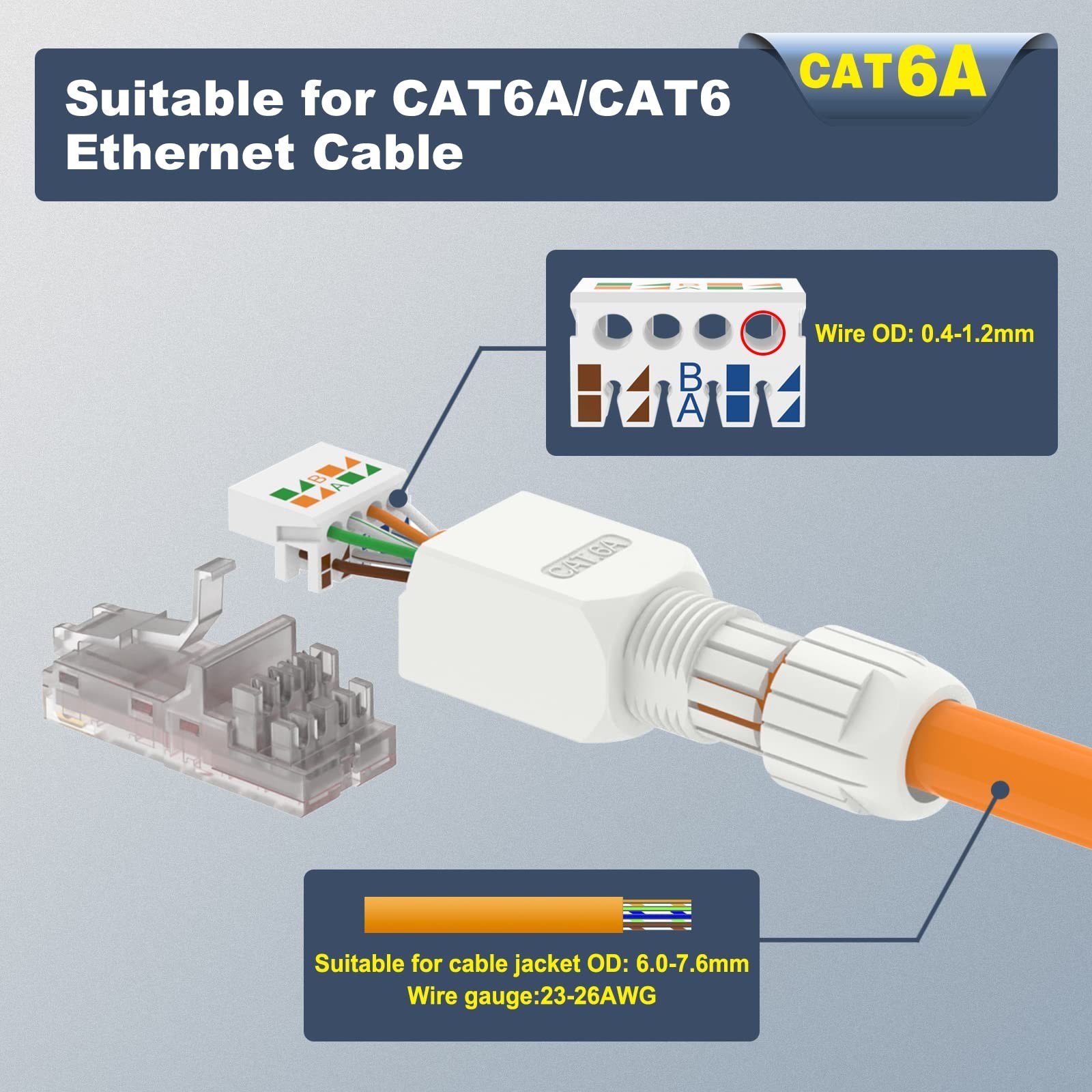 Tool-Free RJ45 Connector, CAT6A Modular Plug, Gold Plated UTP, 6 Pack for 23-26
