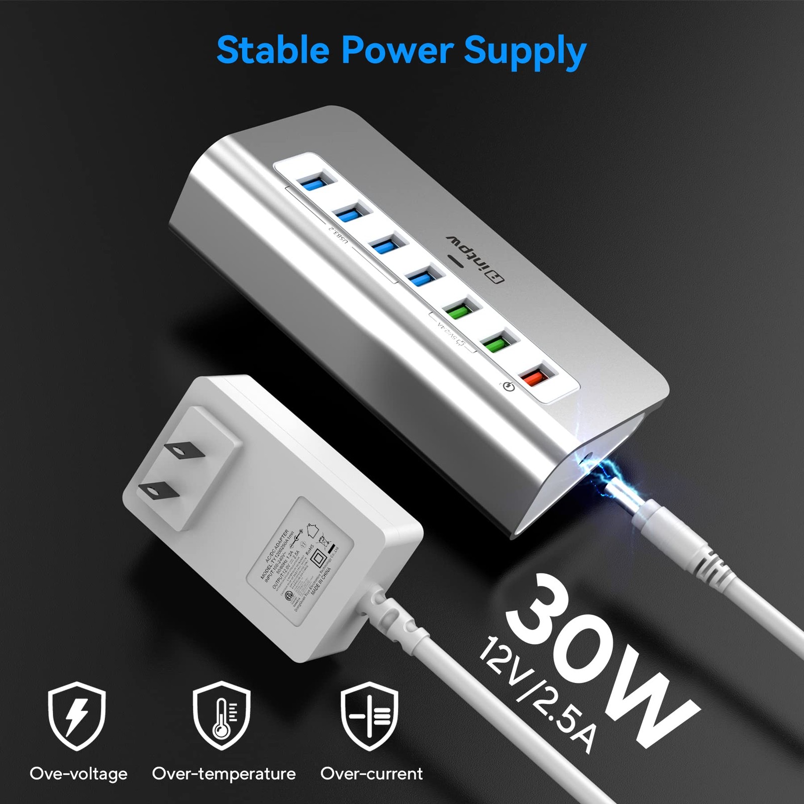 7 Port USB 3.2 Gen 2 Powered Hub 10Gbps 4 Data 3 Fast Charging Aluminum