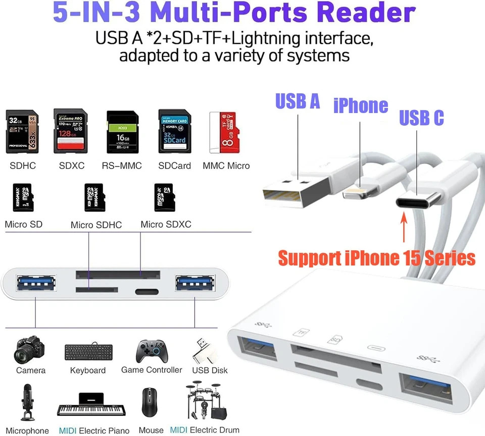 5 in 1 Memory Card Reader USB 3.0 OTG Adapter SD Card Reader For iPhone/iPad LOT