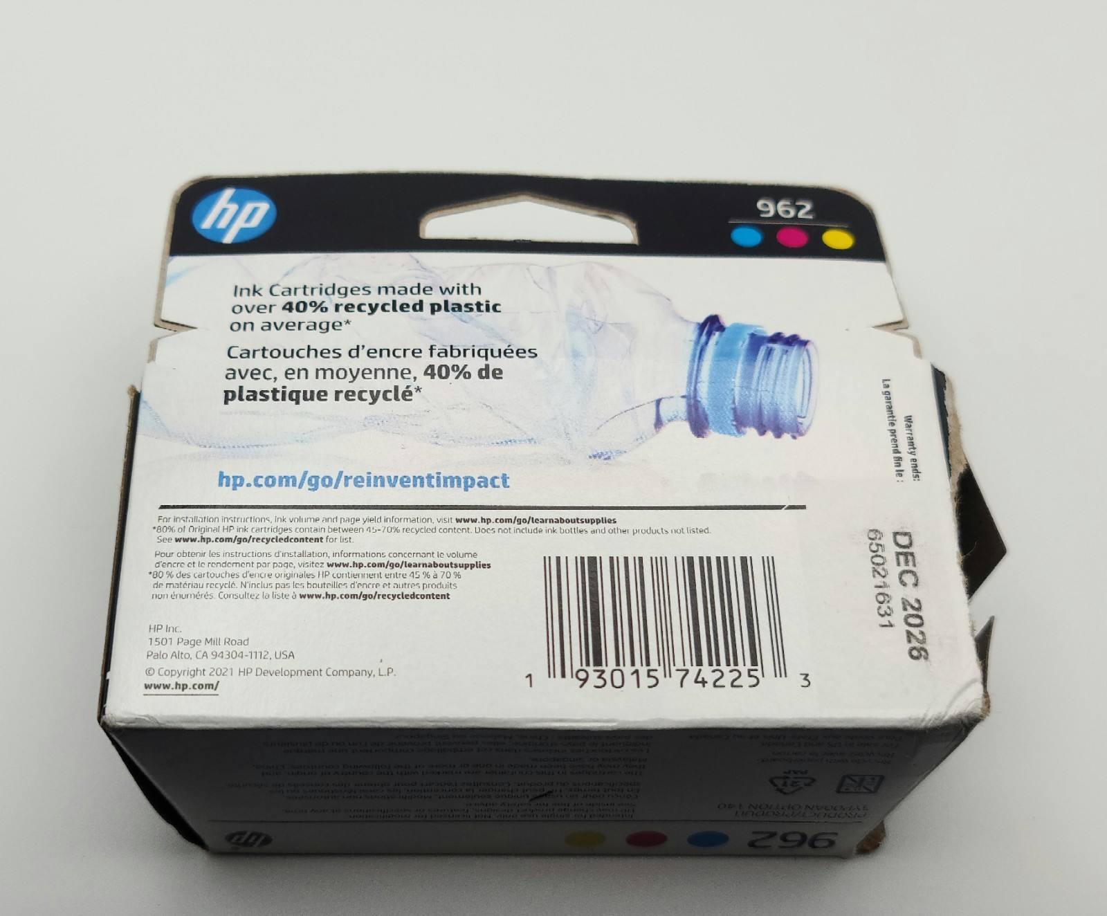 HP 962 3-Pack Ink Cartidge blue Magenta Yellow Office Jet Exp DEC 2026-OPEN BOX