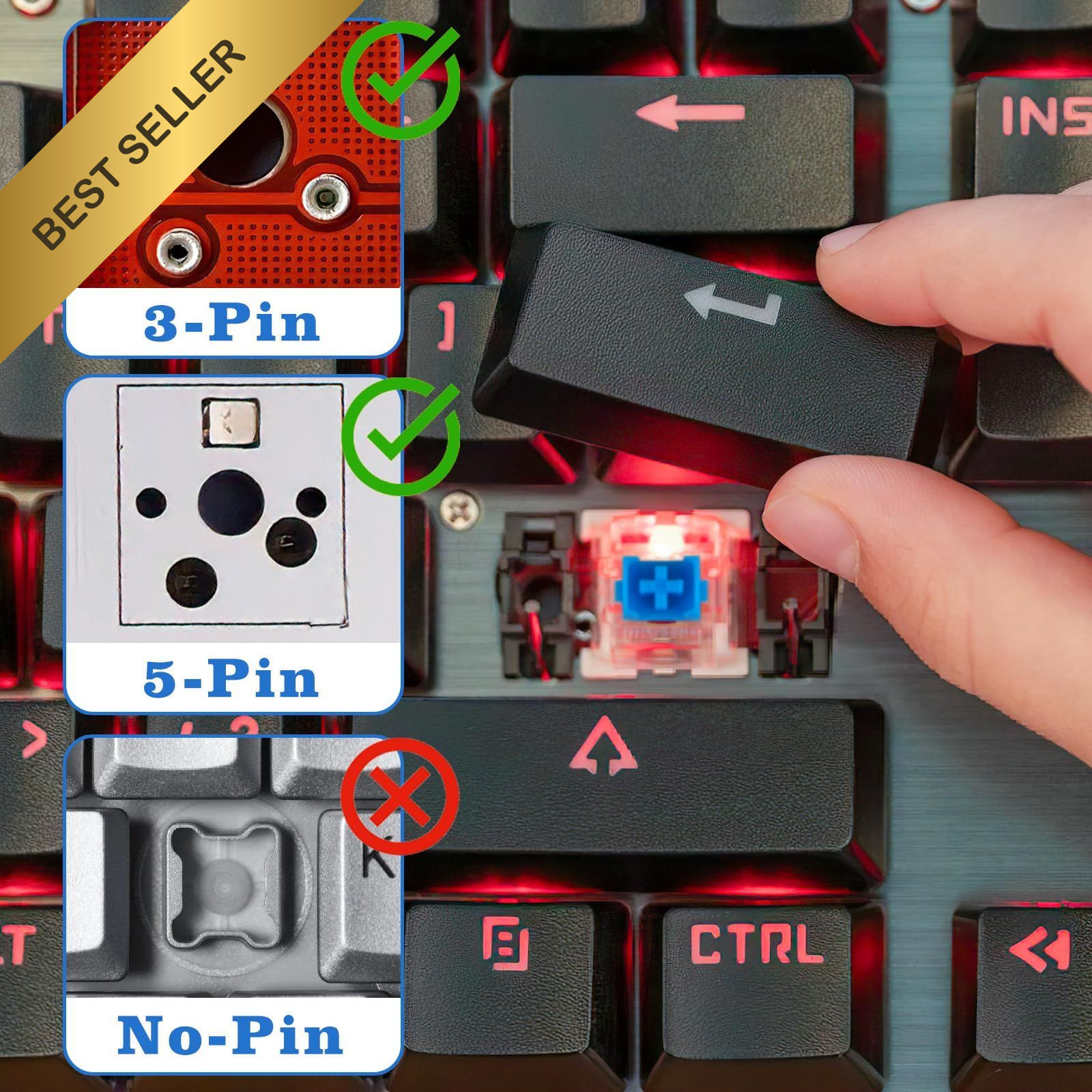 Mechanical Keyboard Switches 3-Pin Clicky Tactile 50 Pcs Blue DIY Puller Brush