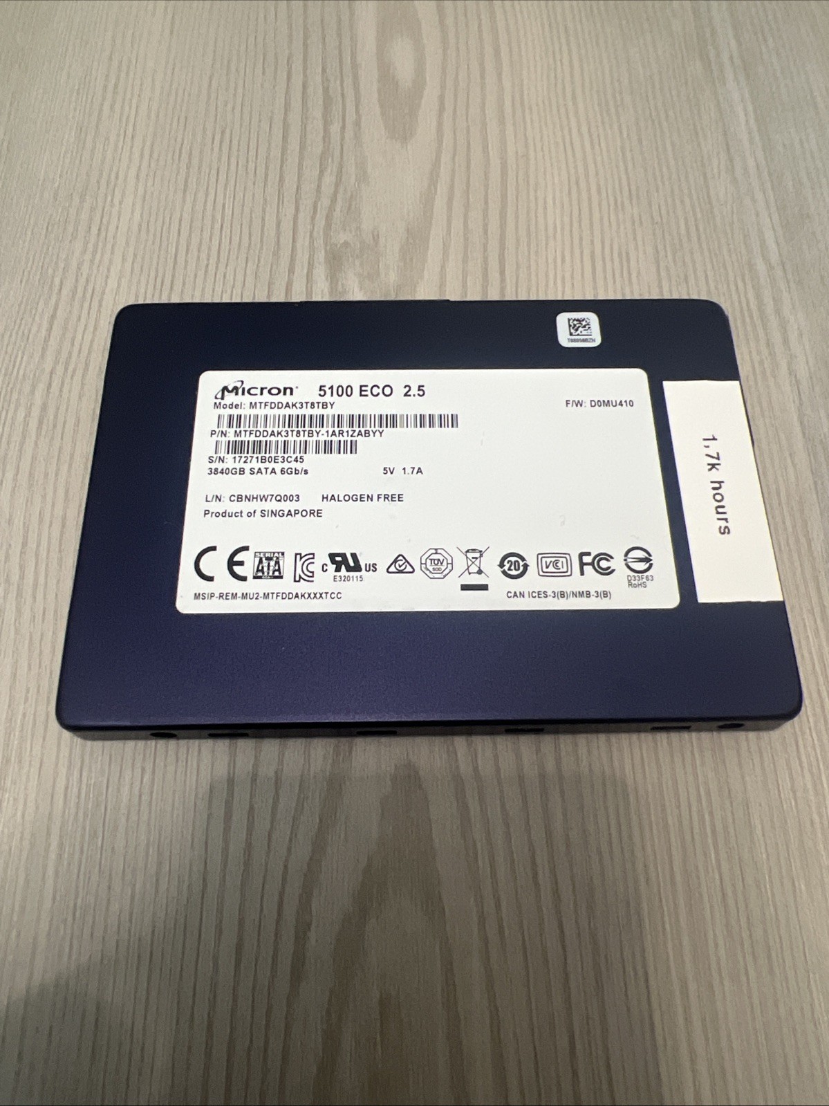 MICRON 5100 ECO MTFDDAK13T8TBY SSD 3.84TB SATA 6Gb/s 2.5″ 512 b/s 100% Health