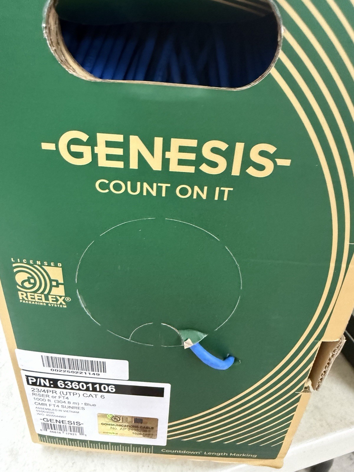 1000ft Box of GENESIS 63601106 23/4PR Cat 6 UTP Riser CMR/FT4 Cable Blue
