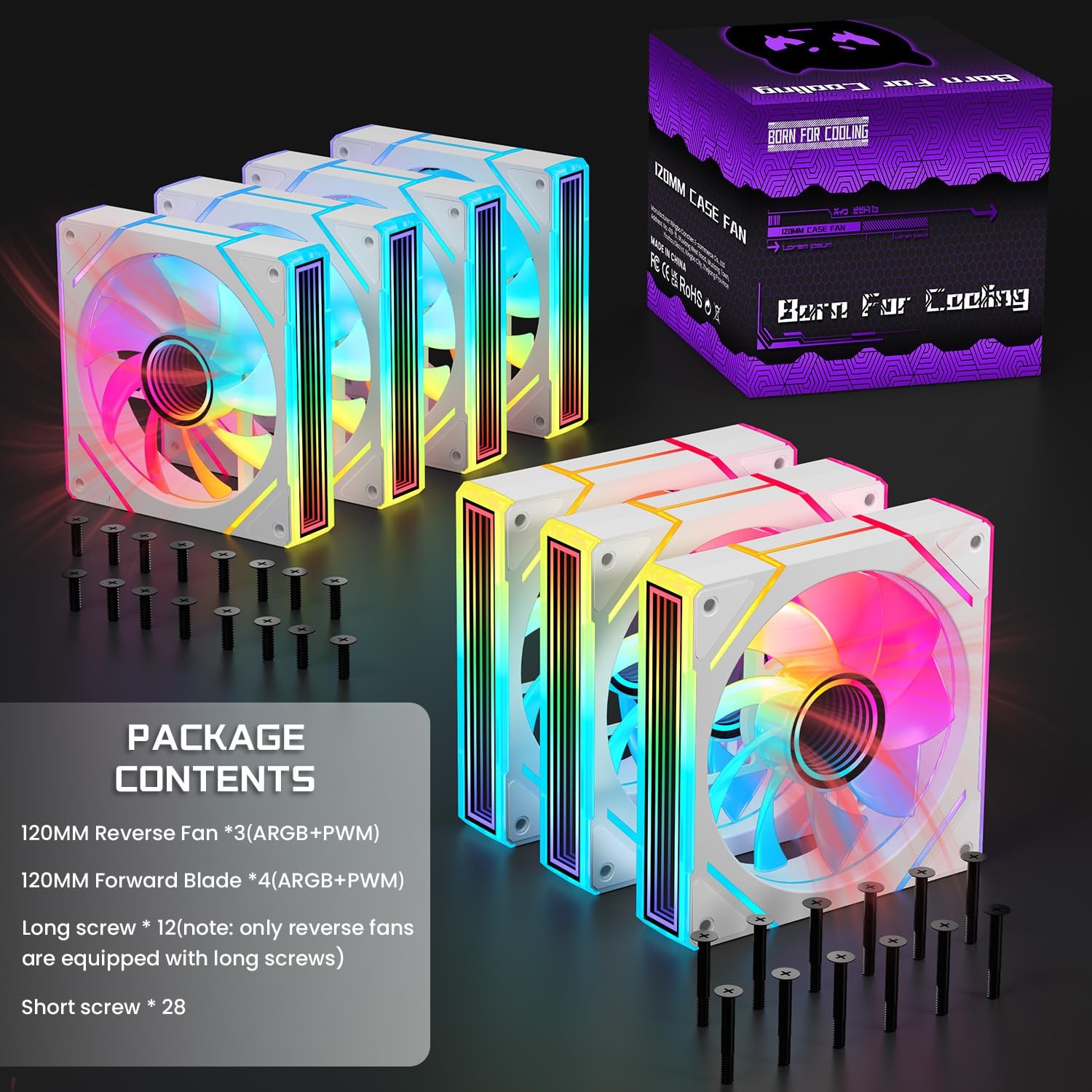 7 PCS ARGB Computer Case Cooler Fan 120mm 4pin PWM 1500RPM PC Cooling White