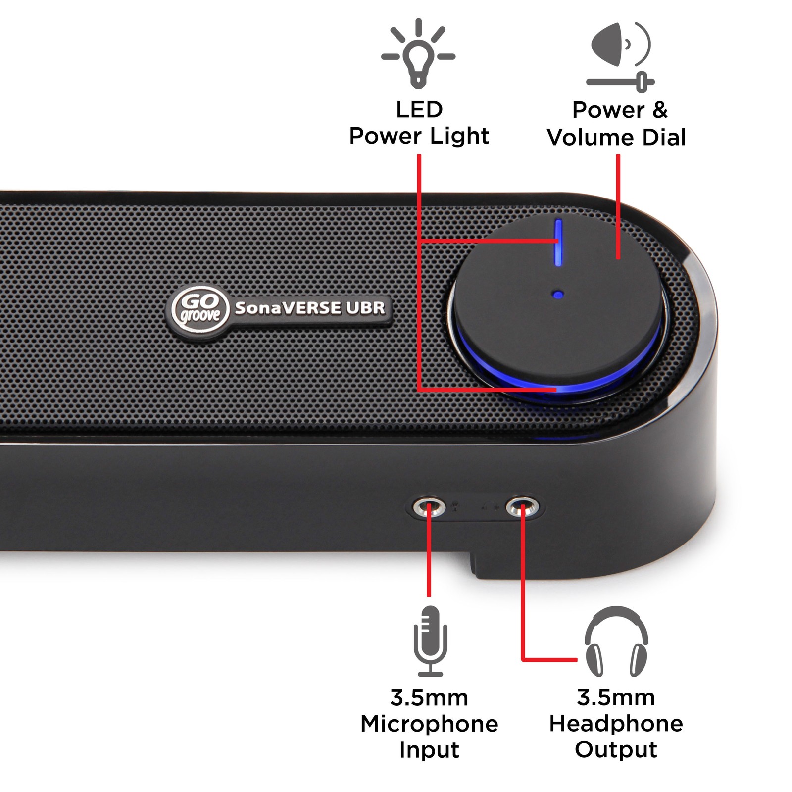 Computer Sound Bar Speaker (Blackout) with Easy Access Headphone & Mic Jacks