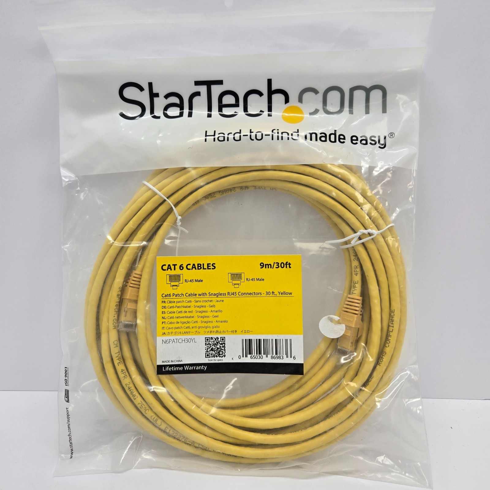 StarTech 30ft Yellow Cat6 Patch Cable w/Snagless RJ45 Connectors – Long NEW
