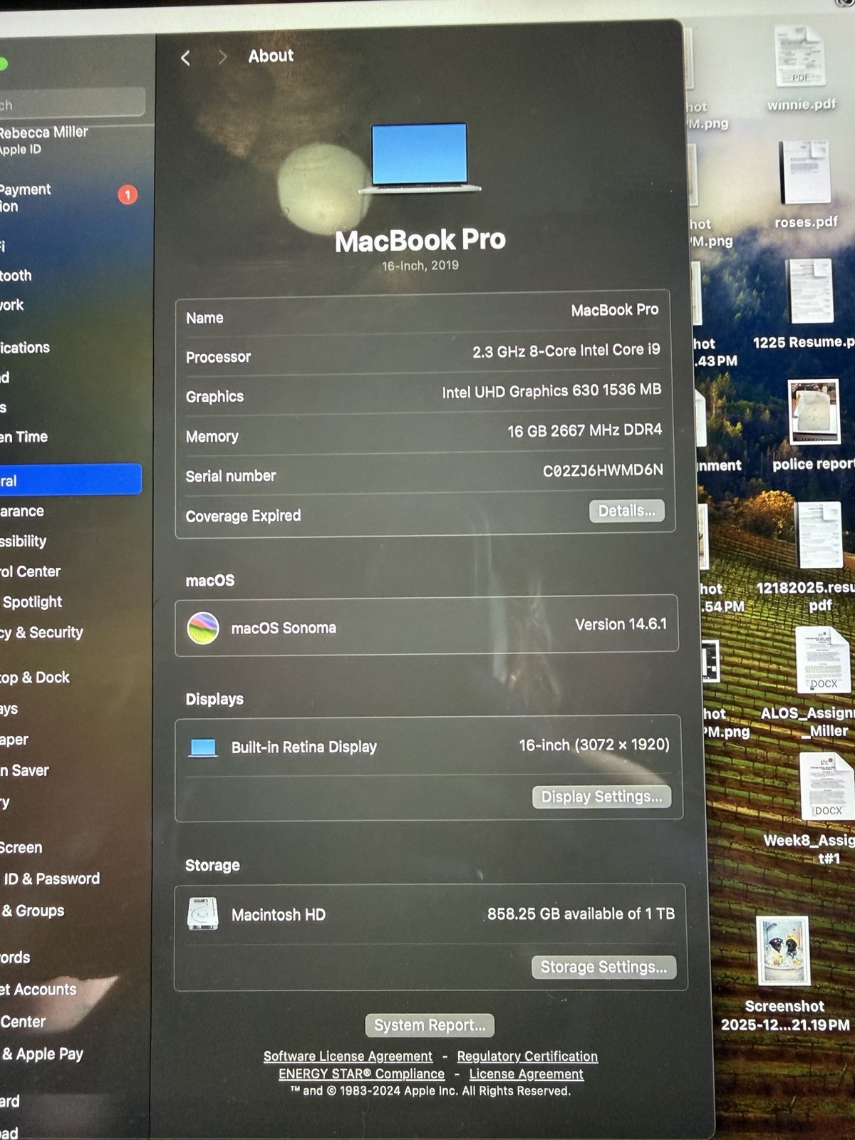 Apple MacBook Pro 16in (2019) i9 2.3GHz 16GB RAM 1TB SSD macOS Sonoma