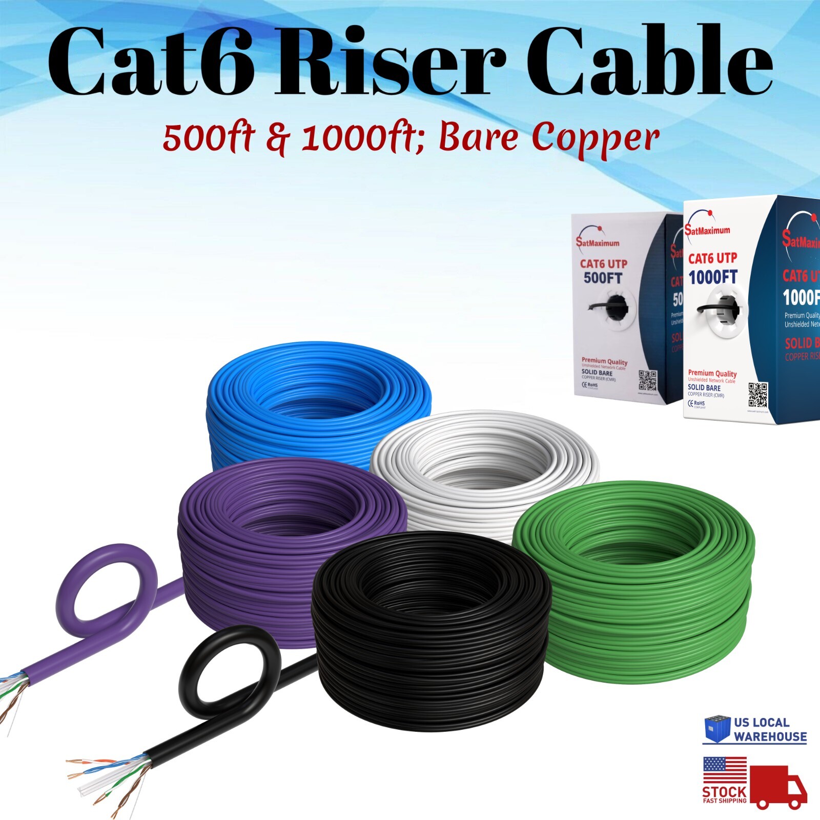 Riser CAT6 Cable 500ft 1000ft Bare Copper Bulk 23AWG CMR Network Ethernet Cable