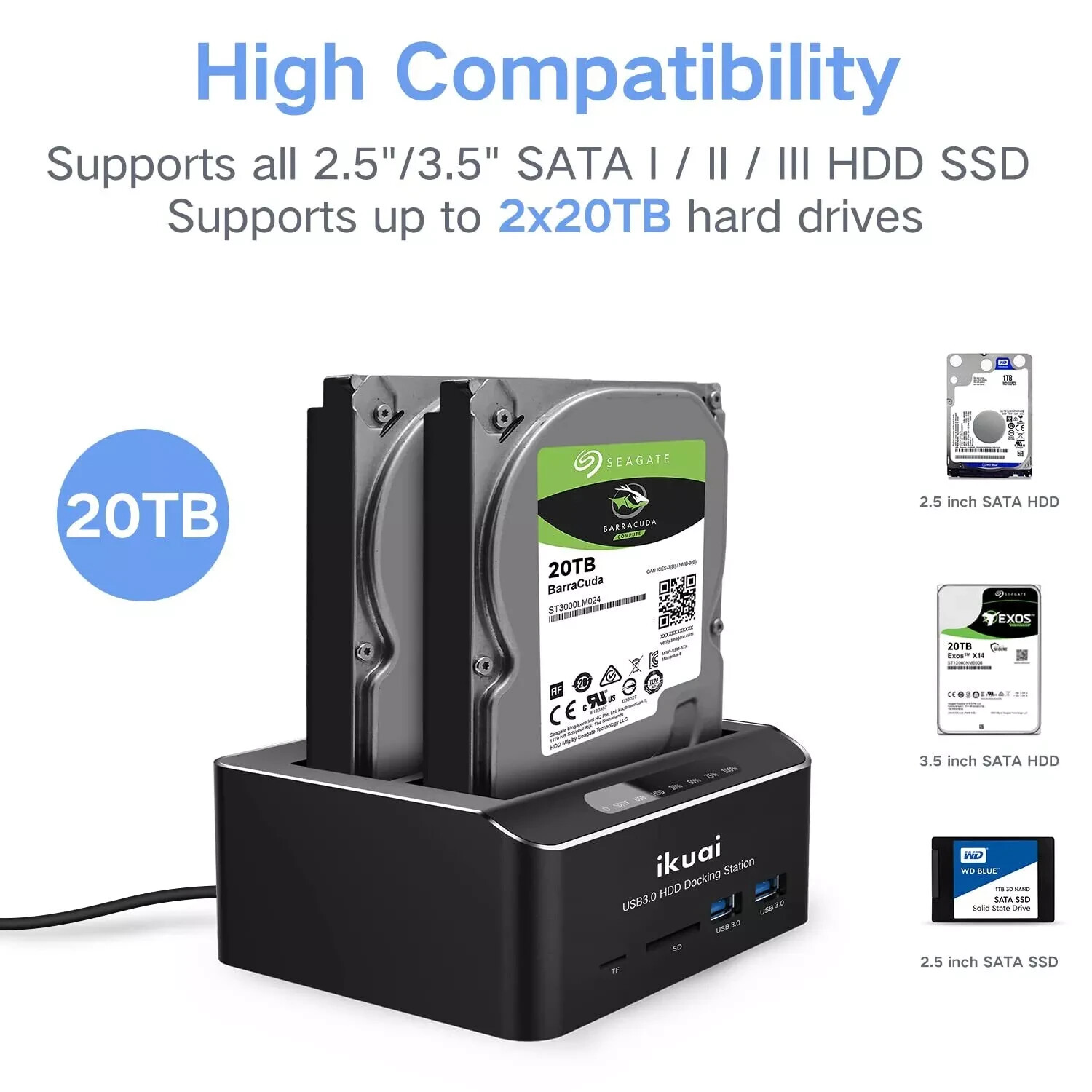 ikuai SATA to USB 3.0 Dual Bay Hard Drive Dock for 2.5/3.5 SATA HDD SSD