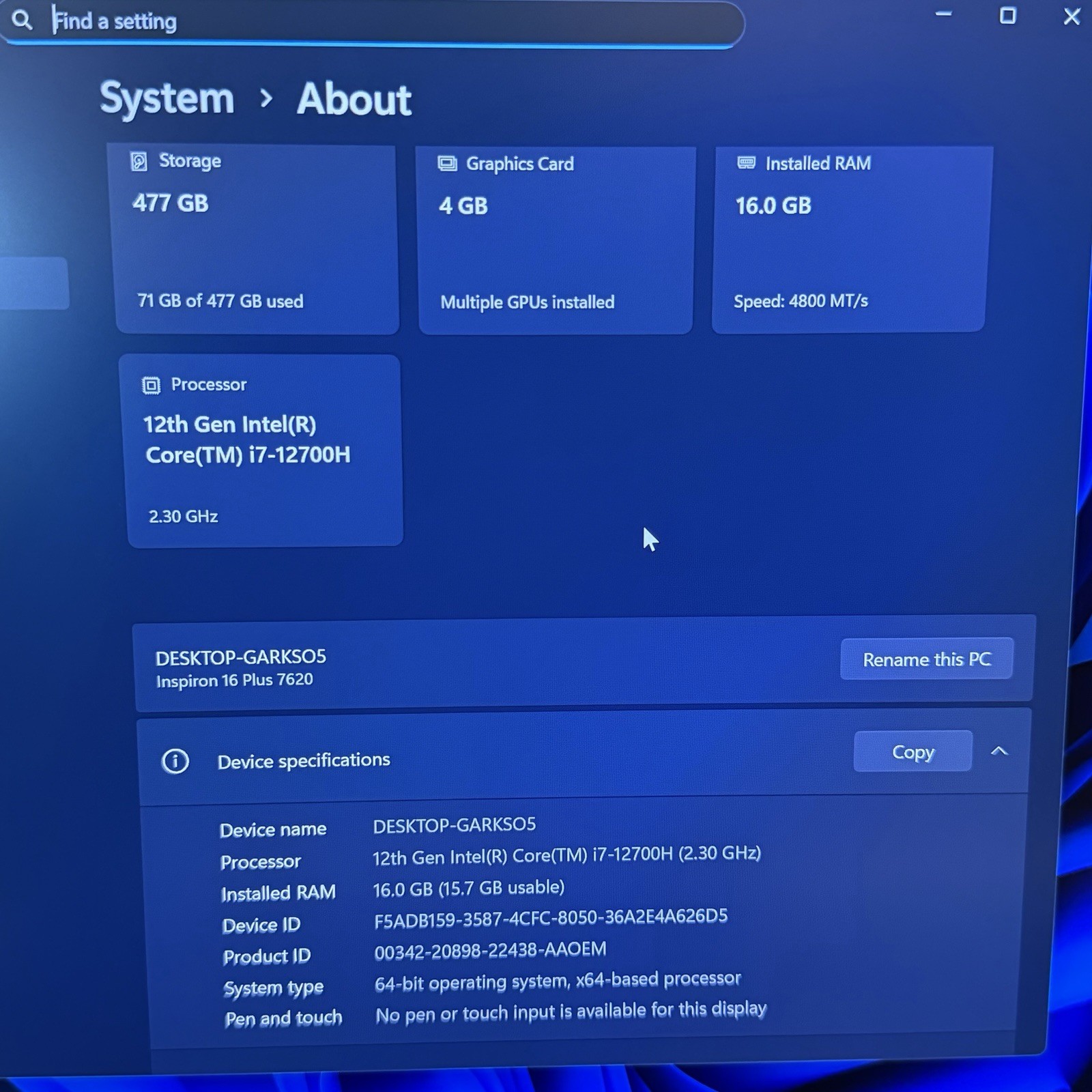 Dell Inspiron 16 Plus 7620 16” QHD+ i7-12700H RTX 3050 Ti 16GB 512GB SSD Win 11