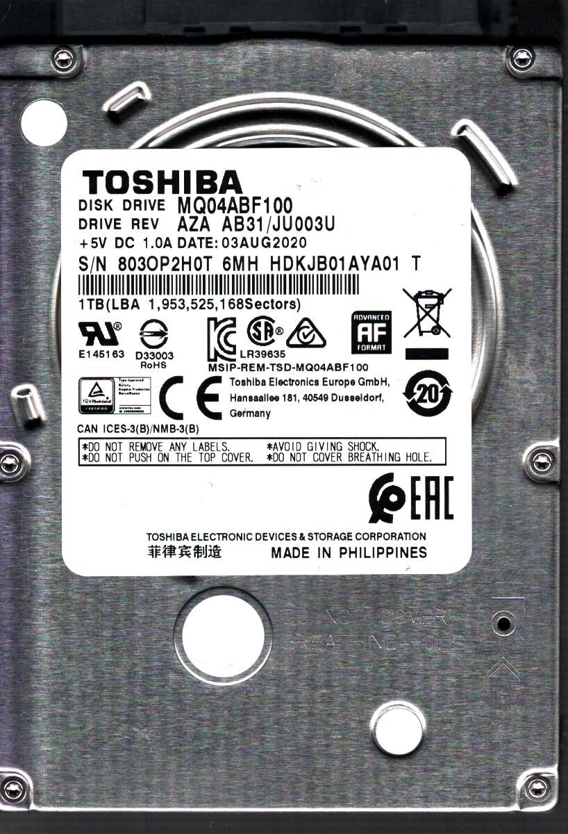 MQ04ABF100 HDKJB01AYA01 T REV: AZA AB31/JU003U 1TB AUG 2020 PHILIPPINES TOSHIBA